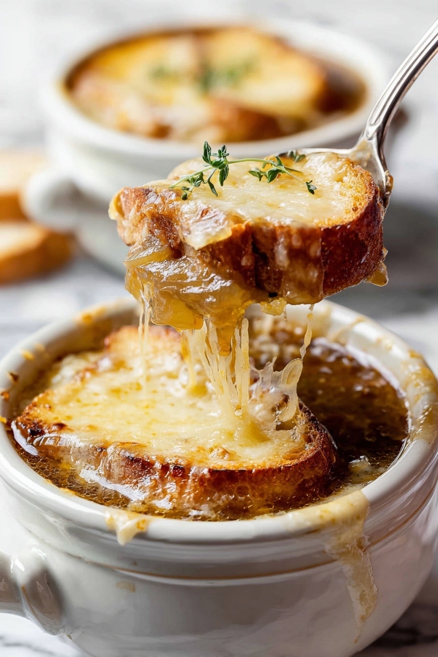 Two white bowls filled with rich brown soup form the base layer, topped with two slices of toasted bread soaked in the soup, golden to light brown and bubbly from melted, browned cheese. The cheese layer has a creamy yellow color mixed with some crisp, darker golden spots. A small sprig of fresh green thyme is placed on top of the cheese for garnish. The bowls sit on a white marbled surface with a few scattered thyme leaves nearby. photo taken with an iphone --ar 2:3 --v 7