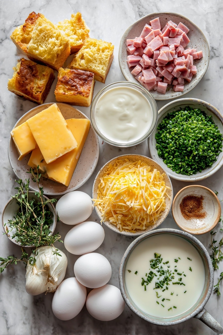 Flat lay of thick cubes of golden sourdough bread, diced pink ham, bright orange shredded sharp cheddar cheese, glossy shallots minced finely, fresh green thyme leaves sprinkled lightly, whole eggs with smooth shells, creamy whole milk poured in a small pool, fresh chopped chives adding a pop of green, and a small heap of grated nutmeg, all beautifully arranged on a white marble surface, photo taken with an iphone --ar 2:3 --v 7