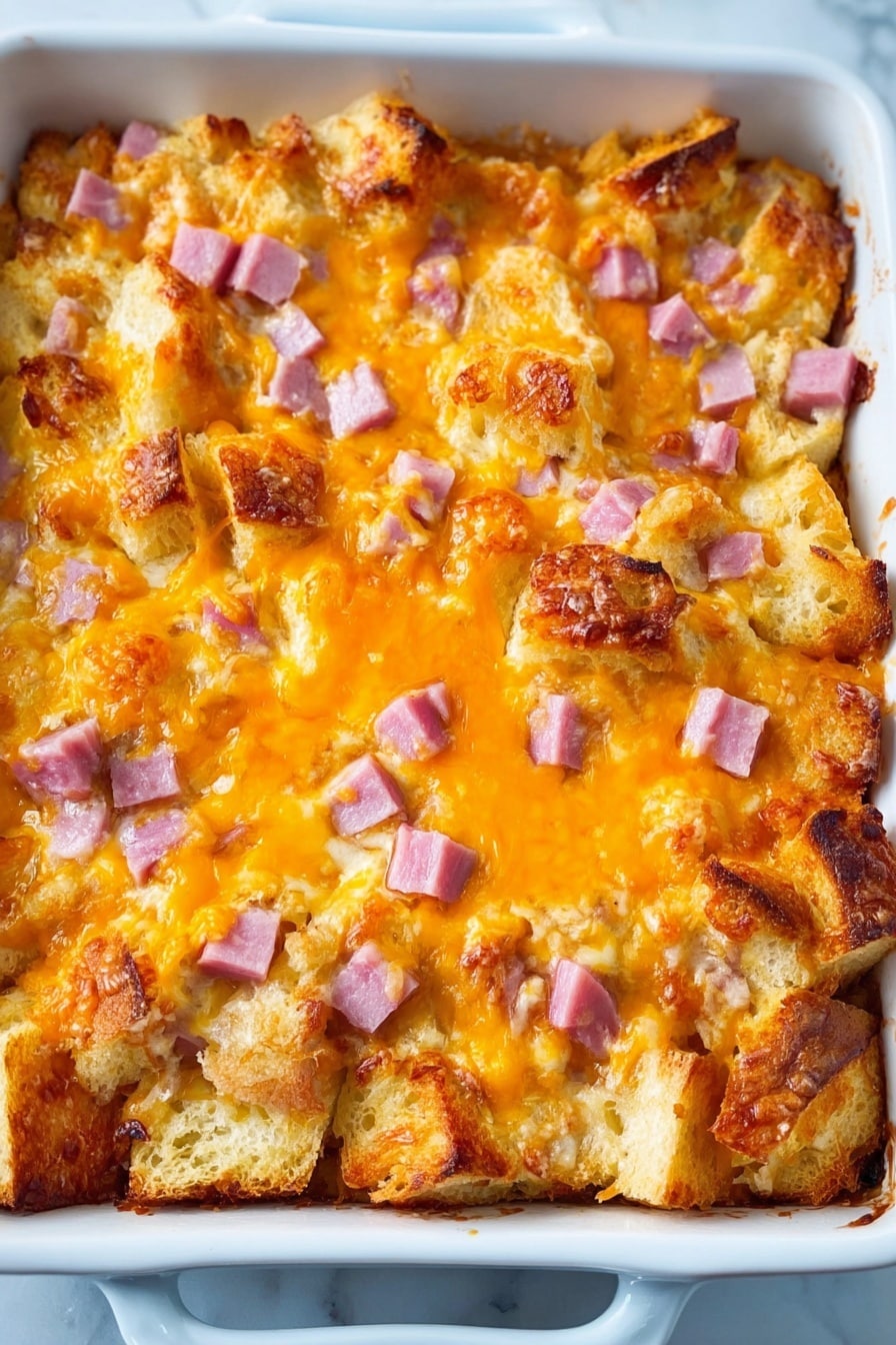 The image shows a close-up view of a baked casserole in a white ceramic dish with blue handles. The casserole has a top layer of melted yellow-orange cheese scattered with small cubes of pink ham. Beneath this, there are large pieces of golden toasted bread that look soft and slightly browned on the edges. The texture of the bread is uneven, with some parts puffed up. The casserole appears creamy with bits of egg mixture visibly soaking the bread. The dish is placed on a white marbled surface that contrasts with the warm colors of the food. photo taken with an iphone --ar 2:3 --v 7