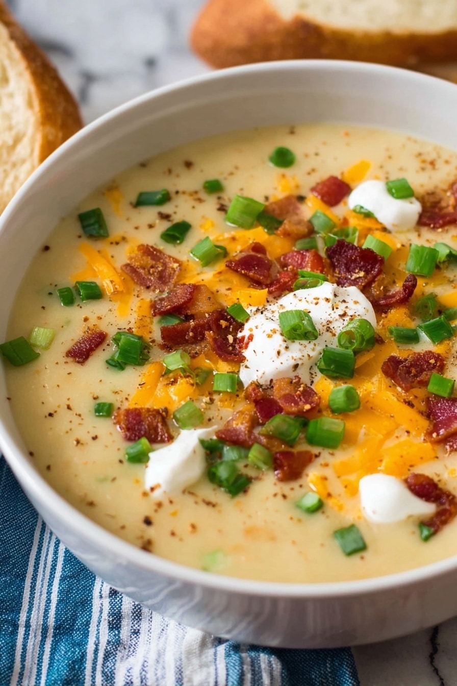 A white bowl filled with a thick, creamy soup that is pale yellow in color. On top, there are small bits of crispy reddish-brown bacon pieces scattered around, bright orange shredded cheese pieces, and vivid green chopped scallions spread evenly. There are also a few dollops of white sour cream and a light dusting of brown seasoning sprinkled across the surface. The bowl rests on a blue and white striped cloth with a piece of brown bread at the edge. The background is a white marbled texture. Photo taken with an iphone --ar 2:3 --v 7