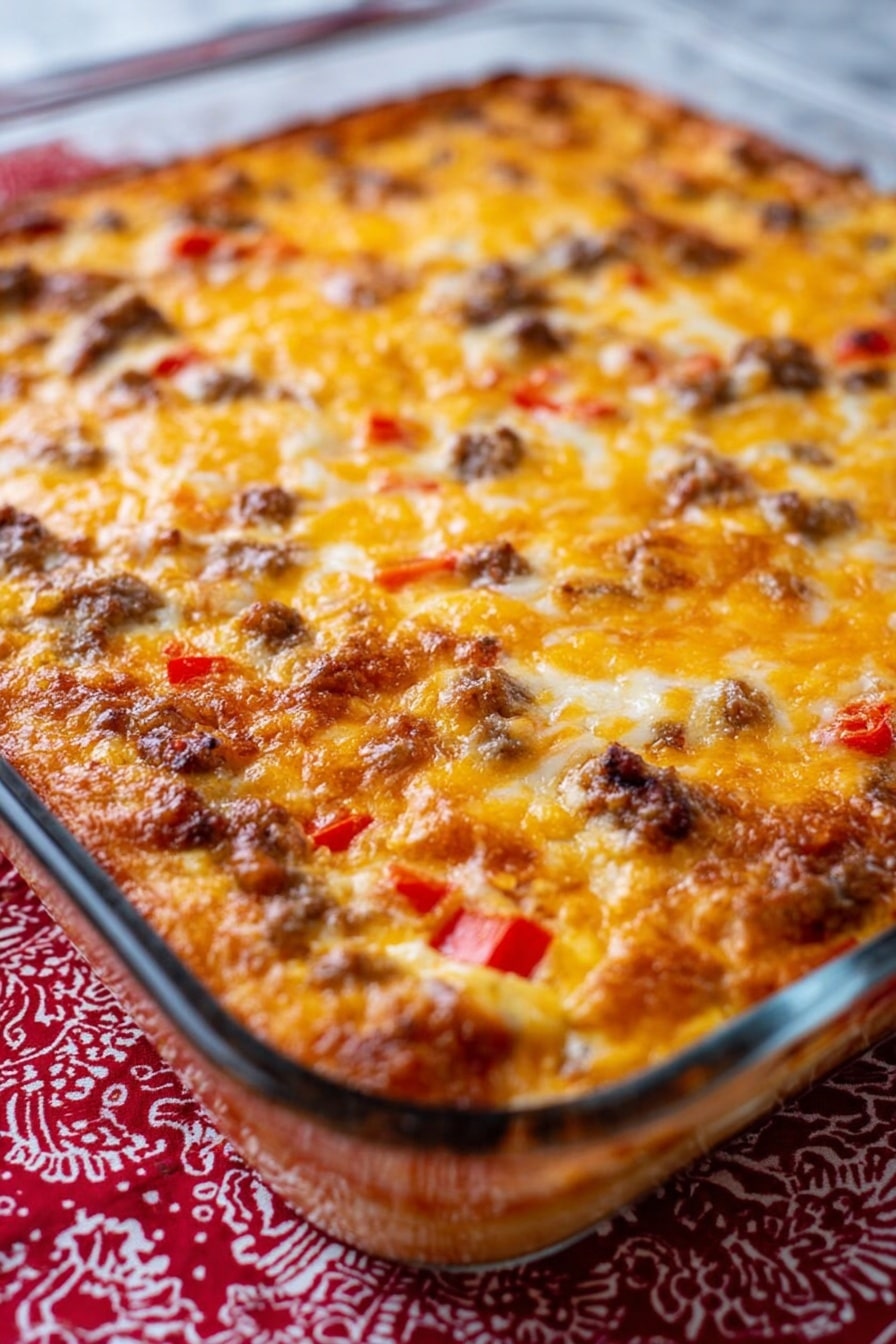The image shows a square glass baking dish filled with a baked casserole that has a golden brown, slightly uneven melted cheese layer on top. Beneath the cheese are small pieces of browned meat and bits of red bell pepper scattered evenly throughout the dish. The edges of the casserole show some bubbling cheese that is slightly darker. The dish sits on a white marbled surface with a red patterned cloth underneath the baking dish. The photo is taken at a close angle, highlighting the texture and colors of the cheesy baked top layer clearly, with a shallow depth of field focusing on the front portion of the casserole. photo taken with an iphone --ar 2:3 --v 7
