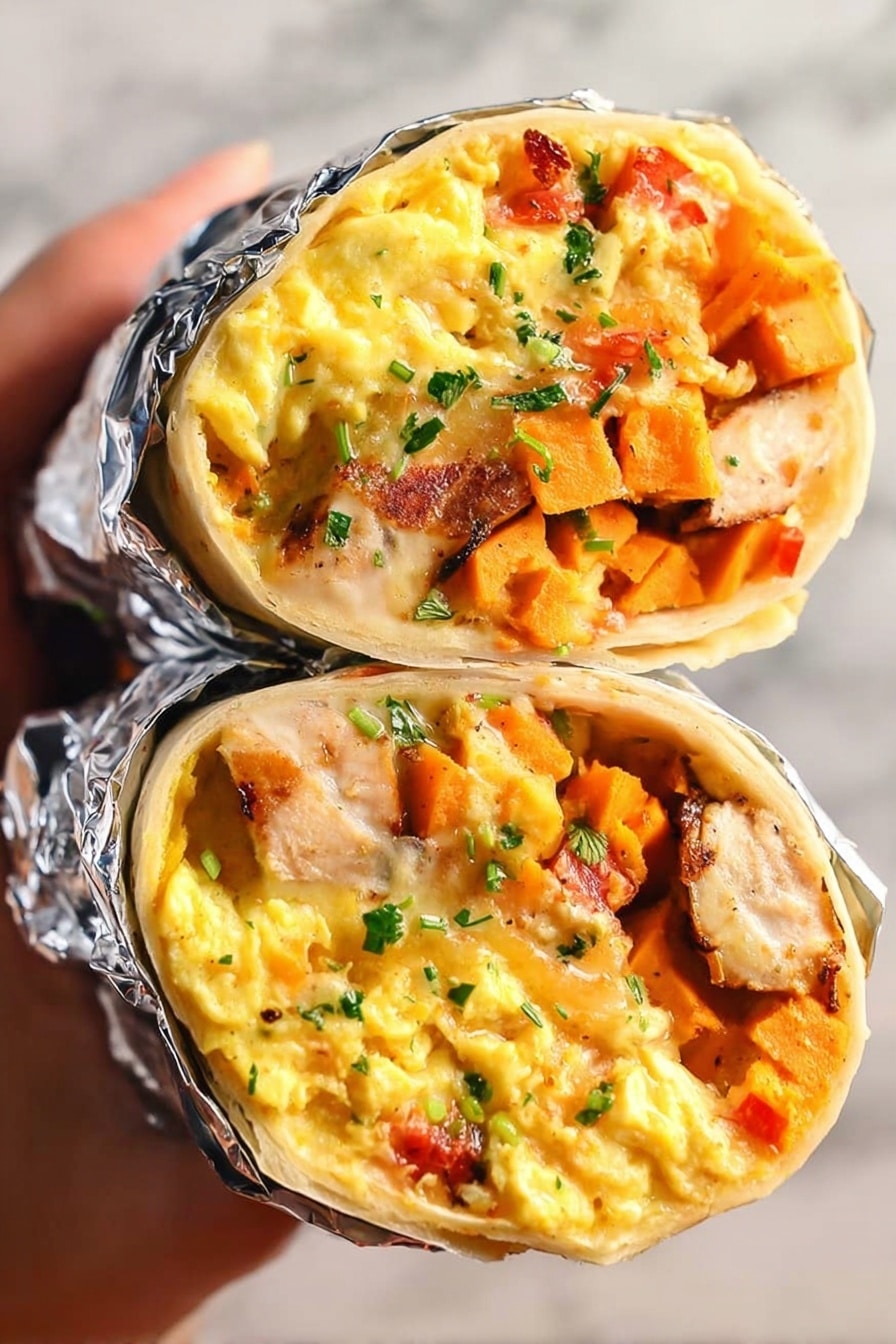 A close-up of a breakfast burrito cut in half, showing two halves held together by a woman's hand wrapped in shiny silver foil. The burrito has a soft light beige tortilla shell closely wrapped around three visible layers inside: the bottom layer with light orange sweet potato chunks mixed with some brown, grilled pieces of chicken and small bits of reddish bell pepper, the middle layer is fluffy, light yellow scrambled eggs, and the top layer is creamy melted cheese with some finely chopped green herbs sprinkled on top. The whole burrito looks moist and fresh with soft textures inside. The background is a white marbled surface. Photo taken with an iphone --ar 2:3 --v 7