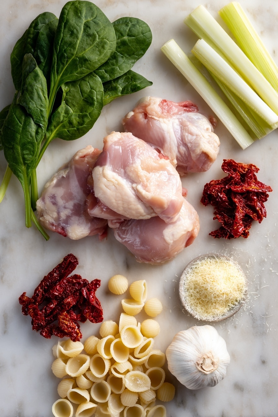 Flat lay of skinless boneless chicken thighs with smooth pale pink flesh, bright white chopped onion pieces, vibrant green celery stalks sliced thinly, fresh dark green baby spinach leaves with delicate veins, deep red sun dried tomato strips with wrinkled texture, a small mound of finely grated pale yellow parmesan cheese with sandy texture, two plump garlic cloves with papery white skin, and a handful of small ivory-colored pasta shells, all beautifully arranged with natural spacing and gentle shadows, placed on white marbled surface, photo taken with an iphone --ar 2:3 --v 7