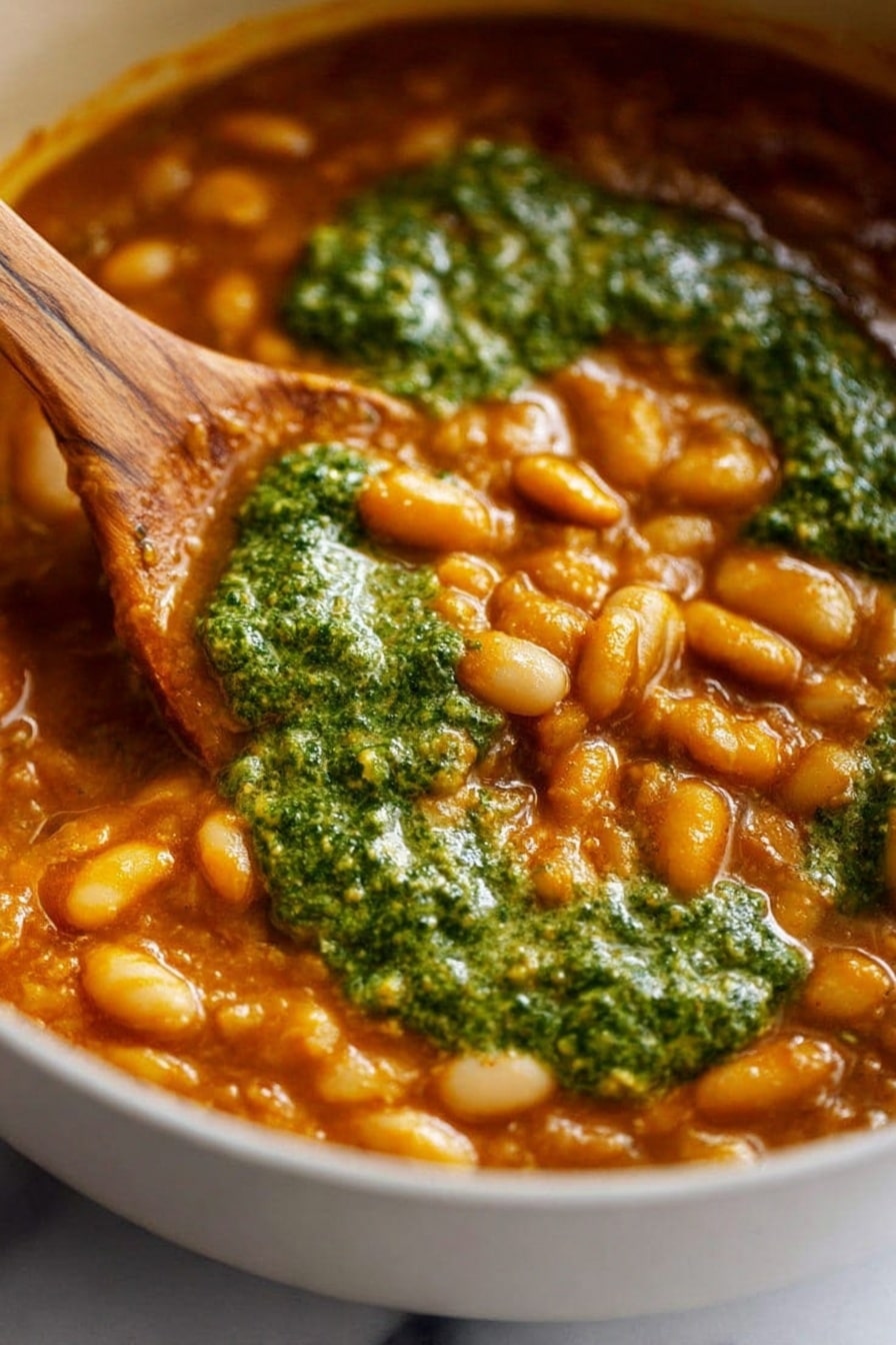 The image shows a close-up view of a thick stew with a rich orange-brown base filled with white beans. There are bright green dollops of herb sauce spread unevenly across the surface, adding a fresh contrast. A wooden spoon is partially dipped into the stew, stirring the mixture, with the texture of the beans and sauce clearly visible and creamy. The photo is taken against a white marbled texture background, giving a clean and simple look. photo taken with an iphone --ar 2:3 --v 7