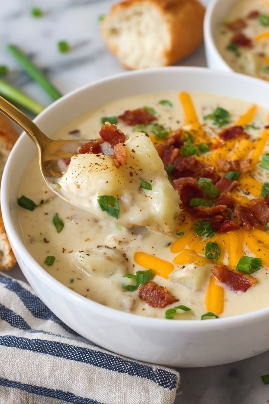 Two white bowls filled with creamy white soup are shown from above. Each bowl has a layer of shredded orange cheddar cheese sprinkled on top, mixed with small pieces of crispy brown bacon and chopped green onions. The soup's surface is smooth and thick, with a few specks of brown seasoning scattered lightly. Both bowls have a gold spoon with a branch-like handle resting inside. Around the bowls, there are small pieces of bread with a golden crust placed on a white marbled surface with a striped cloth underneath one bowl. Some cheese and green onion bits are scattered on the surface nearby. photo taken with an iphone --ar 2:3 --v 7