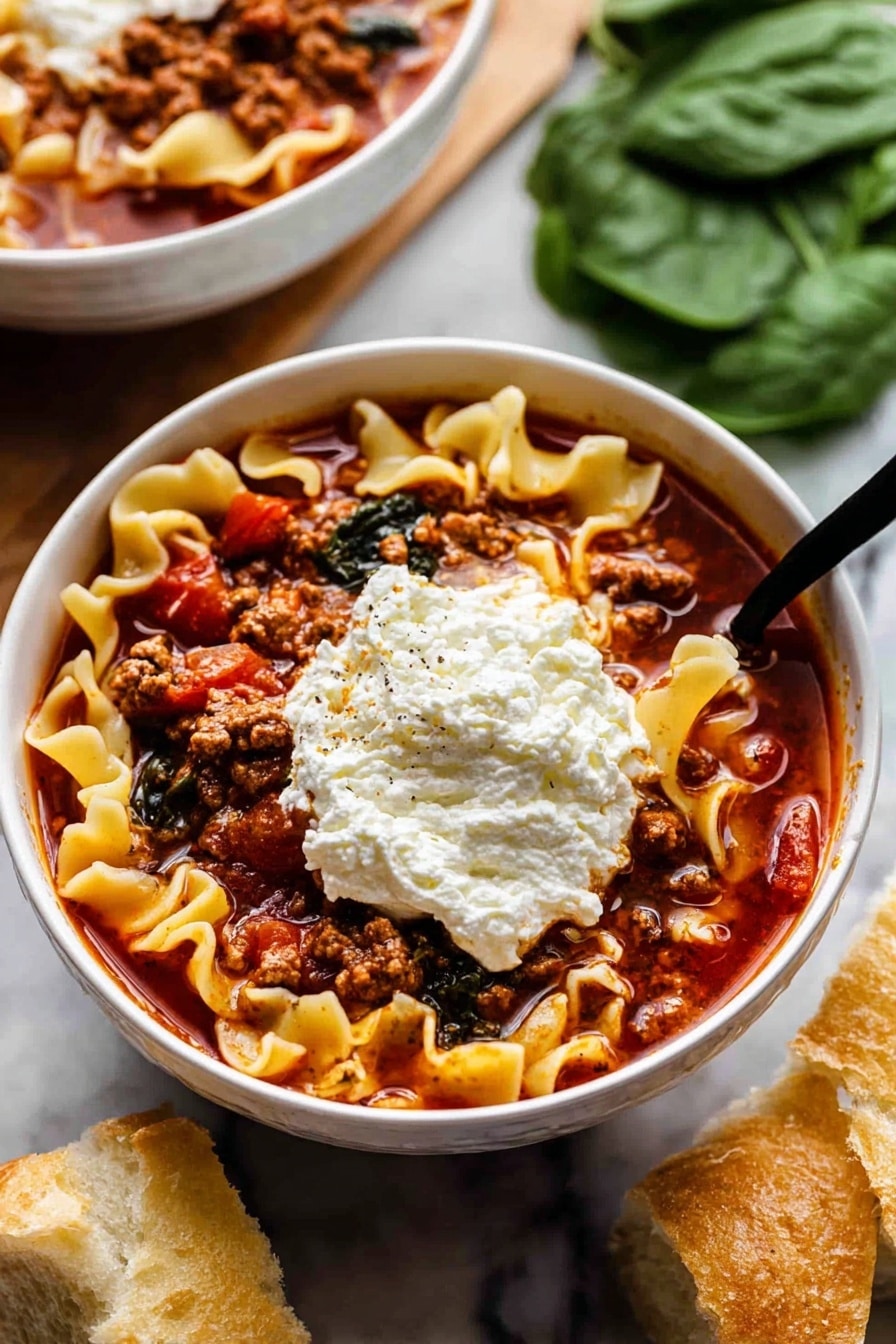 A white bowl filled with a layered lasagna soup showing wavy yellow pasta pieces mixed with ground meat and tomato chunks in a rich red broth, topped with a dollop of creamy white cheese mixture in the center; a black spoon stands inside the bowl on the right side, and fresh green spinach leaves along with pieces of torn bread are placed nearby on a white marbled surface. photo taken with an iphone --ar 2:3 --v 7