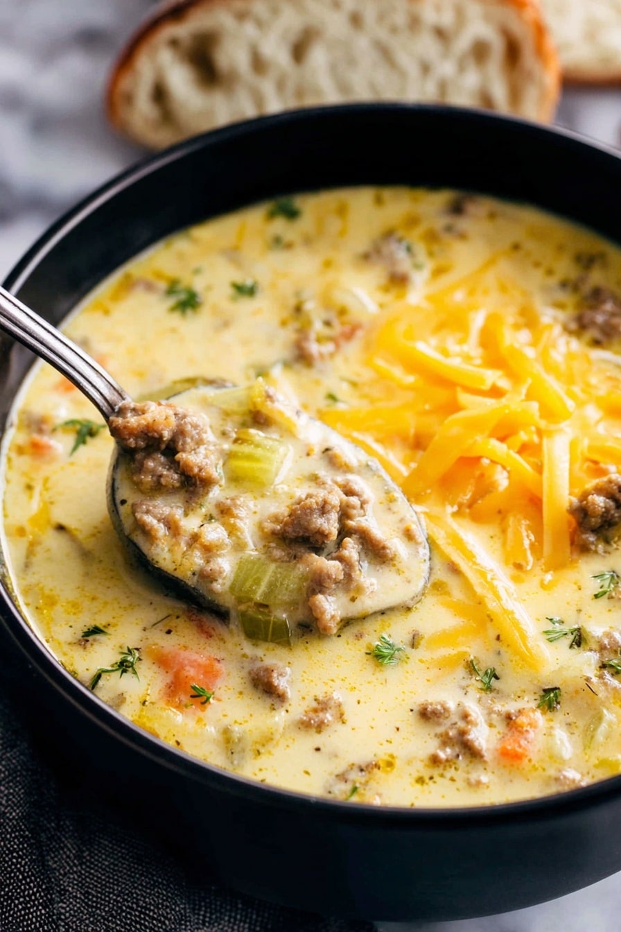Cheeseburger Soup - The image shows a creamy yellow soup in a white pot with a thick texture made of several ingredients. There are visible chunks of light yellow potatoes, green pickles, small brown pieces of meat, and small bits of orange carrots scattered throughout the soup. The creamy base has a smooth texture with some black pepper specks and herbs spread all over. A ladle is lifting a portion of the soup, highlighting the chunky ingredients and creamy consistency against the white marbled background. Photo taken with an iphone --ar 2:3 --v 7