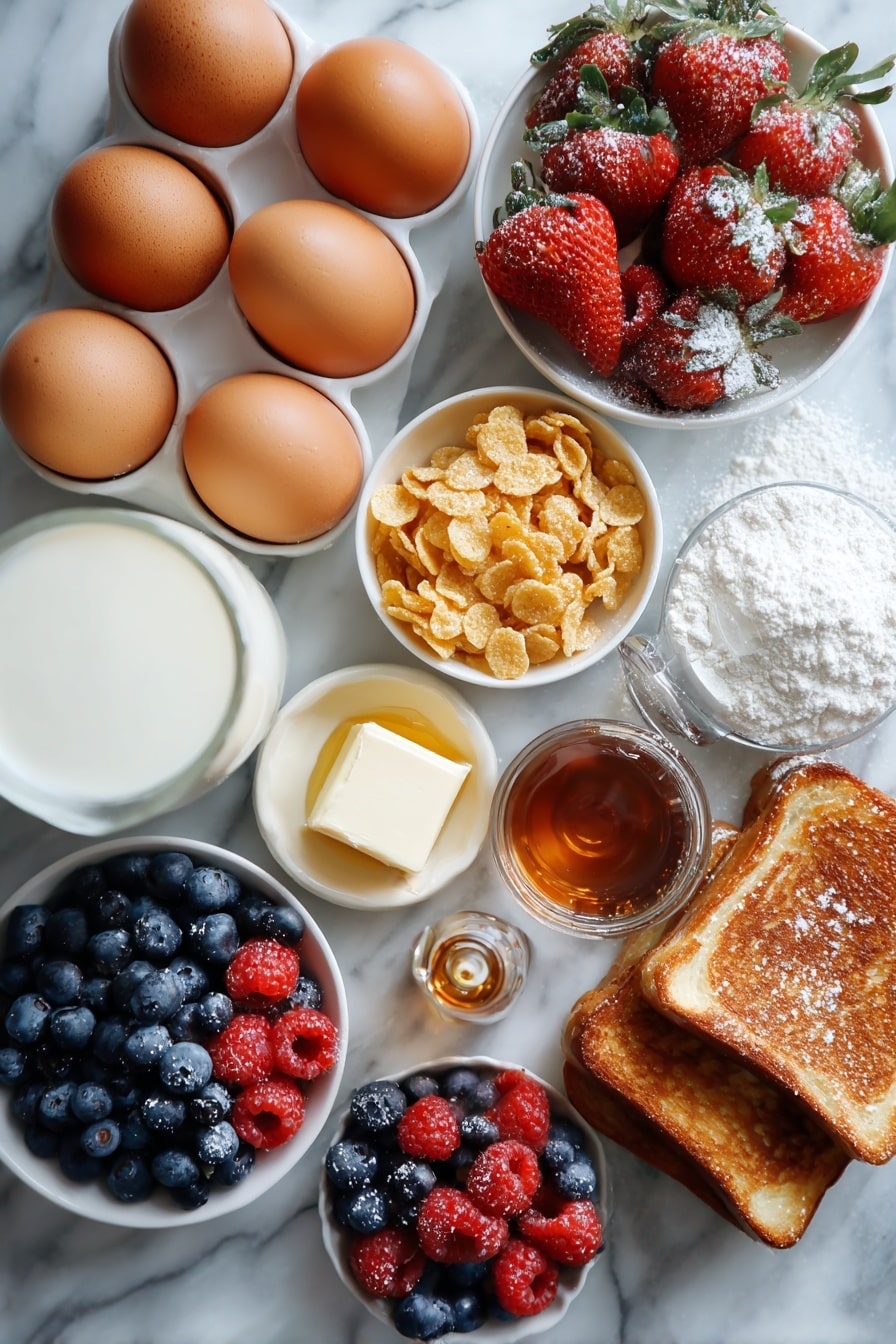 Flat lay of large brown eggs, a glass of whole milk, a small bottle of vanilla extract, a pile of golden cornflakes, thick slices of rich brioche bread, a pat of creamy unsalted butter, a jar of amber maple syrup, a dusting of powdered sugar, and vibrant mixed berries including blueberries, raspberries, and strawberries, all beautifully arranged on a white marble surface, photo taken with an iphone --ar 2:3 --v 7