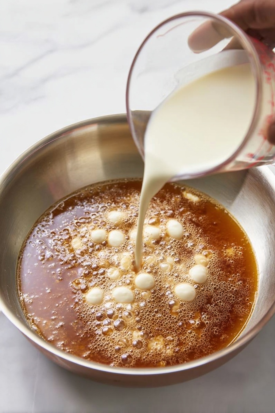 A white plate holds a grilled chicken piece topped with a light beige creamy sauce that has small garlic cloves and green herb bits scattered on it. To the left side of the plate is a green leafy salad mixed with chunks of crispy toasted bread that have a golden brown color. The plate is placed on a white marbled surface with some green leaves nearby and a striped cloth partly visible at the bottom right corner. photo taken with an iphone --ar 2:3 --v 7