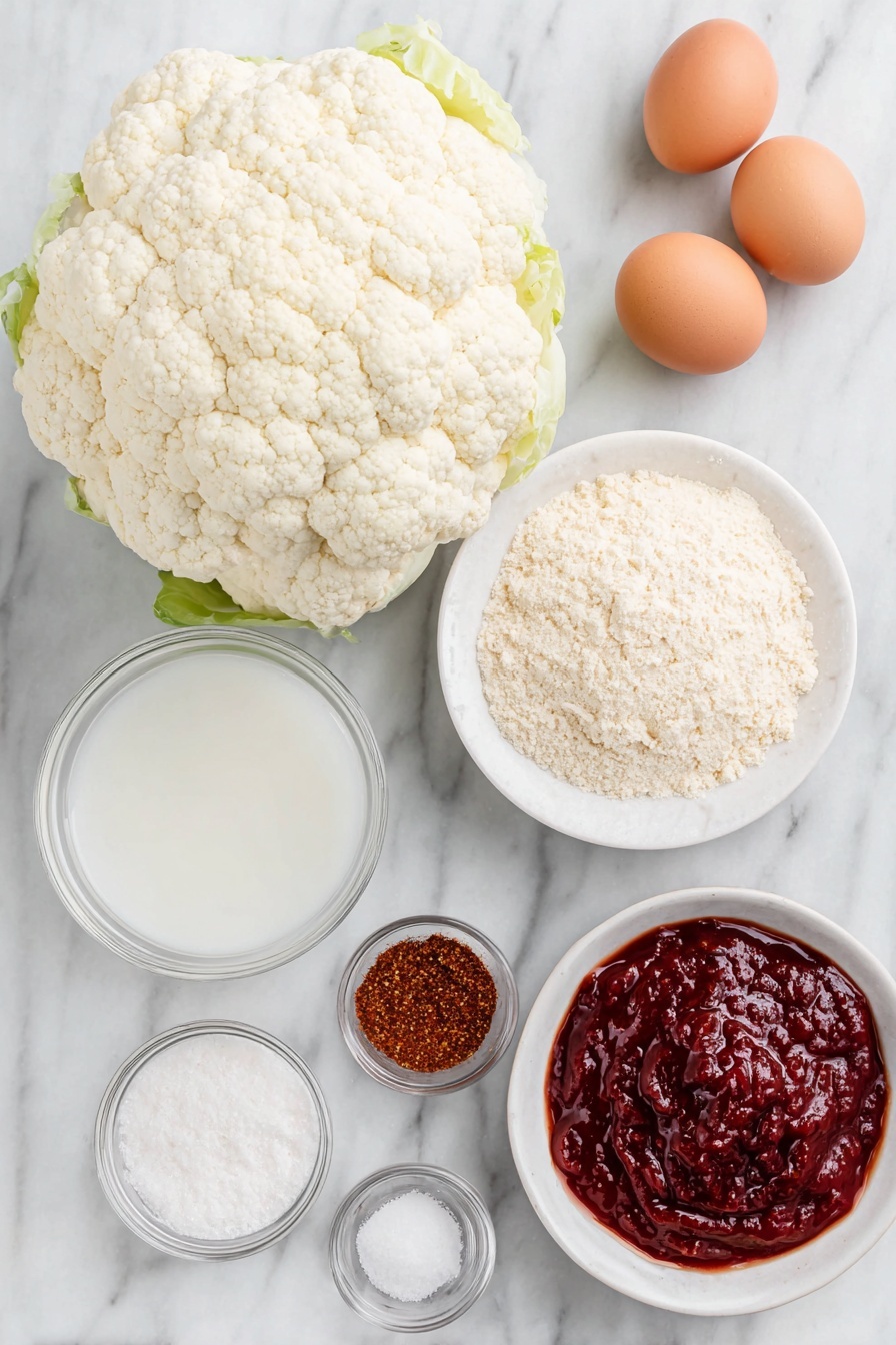 Flat lay of a small head of fresh cauliflower, a small mound of brown rice flour in a simple white ceramic bowl, a small white bowl with bright red tomato paste, a small white bowl of white vinegar, a small white bowl of unsweetened cashew milk, a small white bowl of clear water, whole uncracked brown eggs not present (recipe does not call for eggs), scattered individual piles of garlic powder, onion powder, paprika, cumin, sea salt, black pepper, and cayenne pepper each artistically arranged on the white marble surface, all fresh and natural, no packaging, no duplicates, no utensils, perfectly symmetrical and balanced composition, placed on a clean white marble surface, soft natural light, photo taken with an iPhone, professional food photography style, fresh ingredients, white ceramic bowls, no bottles, no duplicates, no utensils, no packaging --ar 2:3 --v 7 --p m7354615311229779997