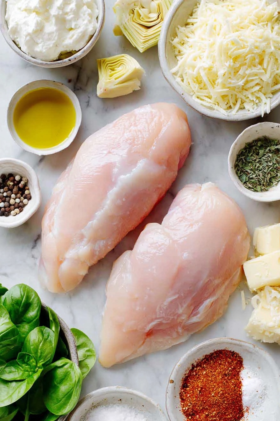 Flat lay of fresh whole boneless skinless chicken breasts, a small pile of chopped fresh spinach leaves, a few pale yellow artichoke hearts chopped, a small white ceramic bowl of soft cream cheese, a small white ceramic bowl of grated Parmesan cheese, a single fresh garlic clove, a tiny heap of dried basil leaves, a tiny heap of dried oregano leaves, a small white ceramic bowl of coarse salt, a small white ceramic bowl of black peppercorns, a small white ceramic bowl of olive oil, a small heap of paprika powder, a small heap of garlic powder, a small heap of onion powder placed on a clean white marble surface, soft natural light, photo taken with an iPhone, professional food photography style, fresh ingredients, white ceramic bowls, no bottles, no duplicates, no utensils, no packaging --ar 2:3 --v 7 --p m7354615311229779997