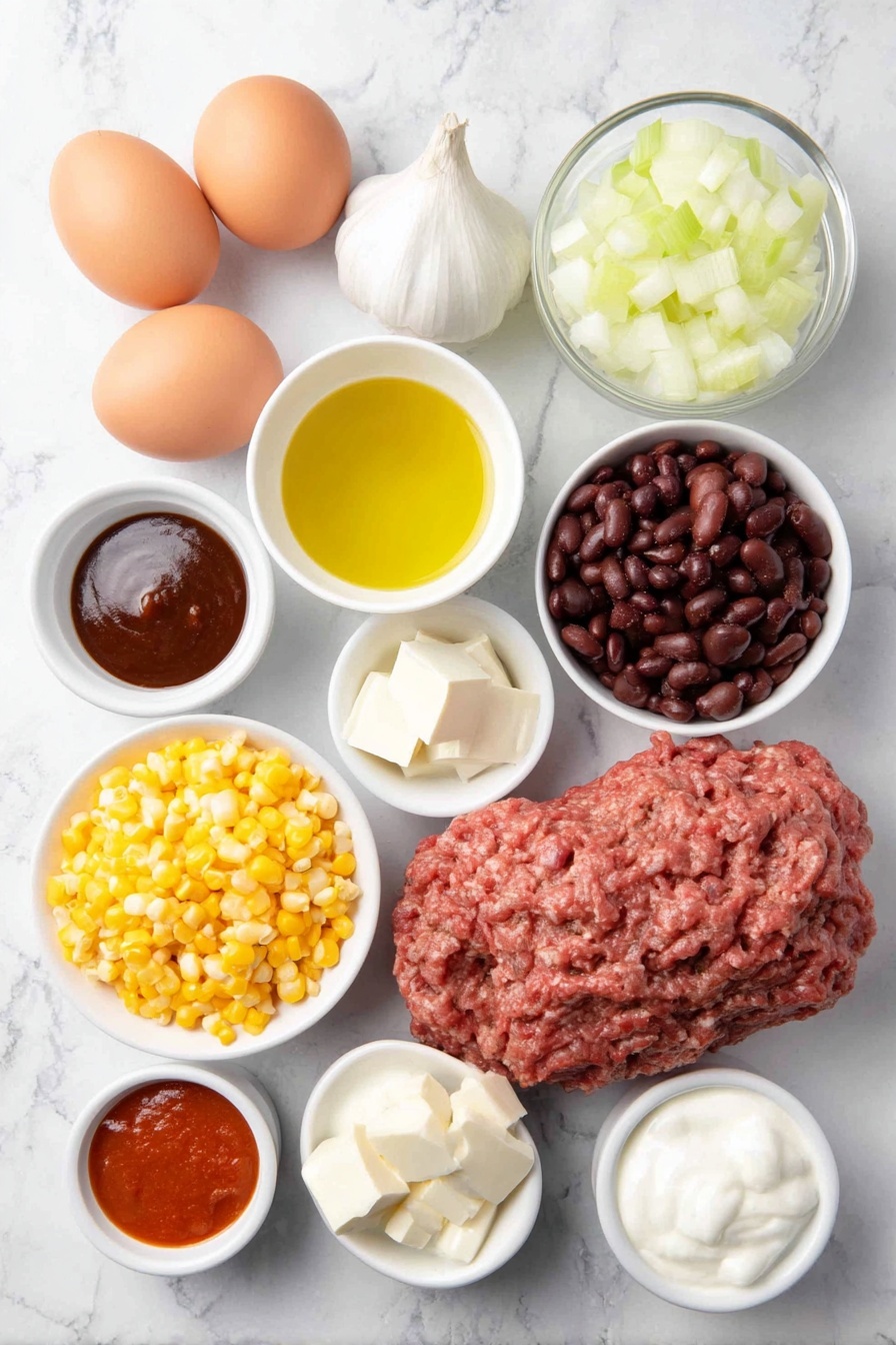 Flat lay of two whole brown eggs with clean shells, a small white ceramic bowl of golden olive oil, a diced yellow onion, a diced green bell pepper, three peeled garlic cloves, a small white bowl of deep red tomato paste, a small white bowl of dark Worcestershire sauce, a small white bowl of bright red hot sauce, a small white bowl of light chicken broth, a beef bouillon cube, fresh crushed tomatoes in a small white bowl, diced fresh tomatoes in a white bowl drained of liquid, a small white bowl of dark red kidney beans drained, a small white bowl of chili powder, another small white bowl containing a mixed seasoning of salt, ground cumin, dried oregano, mustard powder, brown sugar, and cayenne pepper, a simple white ceramic bowl holding golden sweet whole kernel corn, a small white bowl of creamy milk, a small white bowl of thick sour cream, a small white bowl of melted butter, a simple white ceramic bowl filled with yellow Jiffy corn muffin mix, and two pounds of fresh raw ground beef arranged in a balanced symmetrical layout on a clean white marble surface, soft natural light, photo taken with an iPhone, professional food photography style, fresh ingredients, white ceramic bowls, no bottles, no duplicates, no utensils, no packaging --ar 2:3 --v 7 --p m7354615311229779997