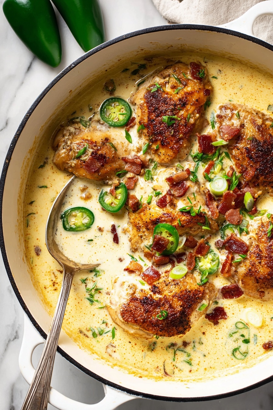 The dish shows six browned chicken pieces in a creamy pale yellow sauce inside a white pot with black rim. The chicken pieces are partly covered with the creamy sauce, which has green jalapeño slices mixed in. Small crisp dark brown bacon bits and bright green chopped scallions are sprinkled on top. A silver spoon rests inside the pot, partially under the sauce near the chicken. In the top left, two green jalapeños lay on a white marbled surface. The overall look is warm and creamy with contrasting green and brown toppings photo taken with an iphone --ar 2:3 --v 7