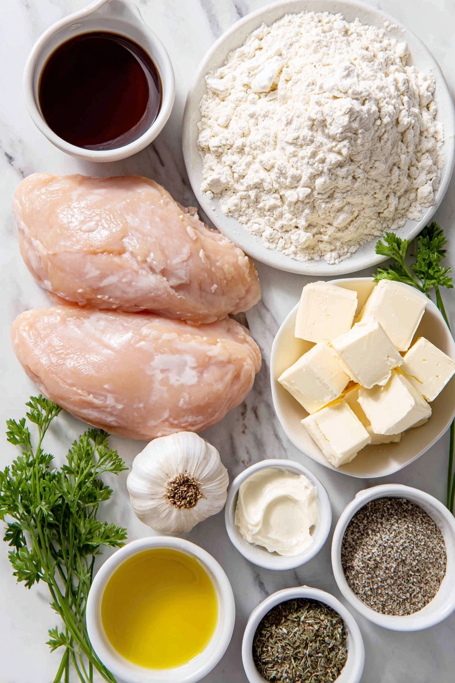 Flat lay of two boneless, skinless chicken breasts, a small mound of all-purpose flour on a white ceramic plate, a whole garlic bulb with papery skin intact, a small white ceramic bowl of olive oil, a small white ceramic bowl with two tablespoons of butter, a small white ceramic bowl filled with chicken broth, a small white ceramic bowl with heavy cream, a small white ceramic bowl containing Italian seasoning (a mix of dried green herbs), a small white ceramic bowl with freshly cracked black pepper, a small white ceramic bowl with salt, and a small white ceramic bowl of garlic powder, all arranged symmetrically and balanced, placed on a clean white marble surface, soft natural light, photo taken with an iPhone, professional food photography style, fresh ingredients, white ceramic bowls, no bottles, no duplicates, no utensils, no packaging --ar 2:3 --v 7 --p m7354615311229779997