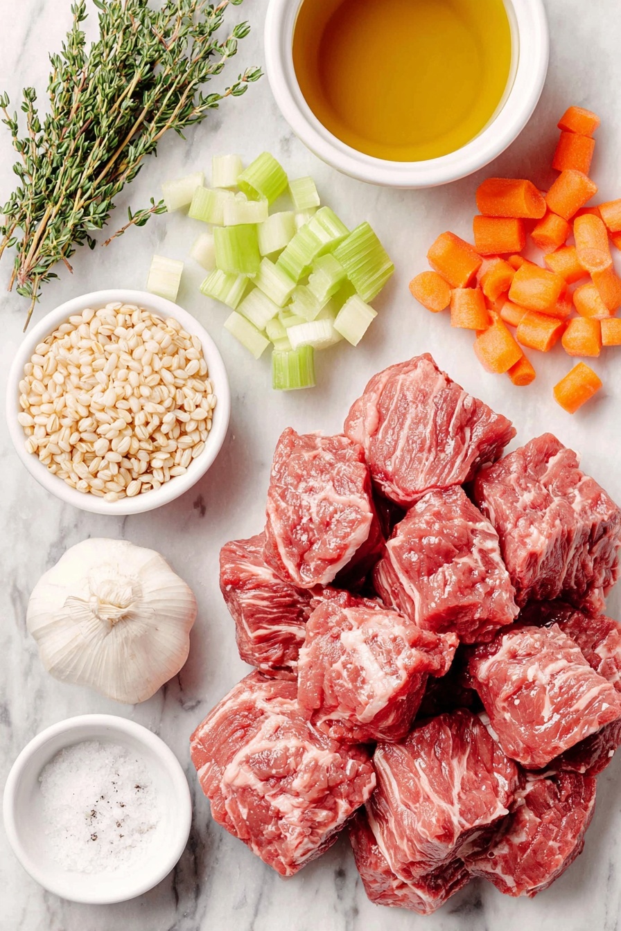 Flat lay of cubed raw beef chuck, a medium unpeeled onion, two fresh celery ribs, four whole bright orange carrots, three uncracked garlic cloves with papery skin, a few fresh thyme sprigs, a small handful of uncooked pearled barley grains, a small bunch of minced flat-leaf Italian parsley, a small white ceramic bowl of golden olive oil, a small white ceramic bowl filled with deep red dry red wine, a small white ceramic bowl of rich brown Worcestershire sauce, a small white ceramic bowl of dark low-sodium beef broth, and a few whole black peppercorns and coarse sea salt crystals scattered around, all arranged symmetrically on a clean white marble surface, soft natural light, photo taken with an iPhone, professional food photography style, fresh ingredients, white ceramic bowls, no bottles, no duplicates, no utensils, no packaging --ar 2:3 --v 7 --p m7354615311229779997