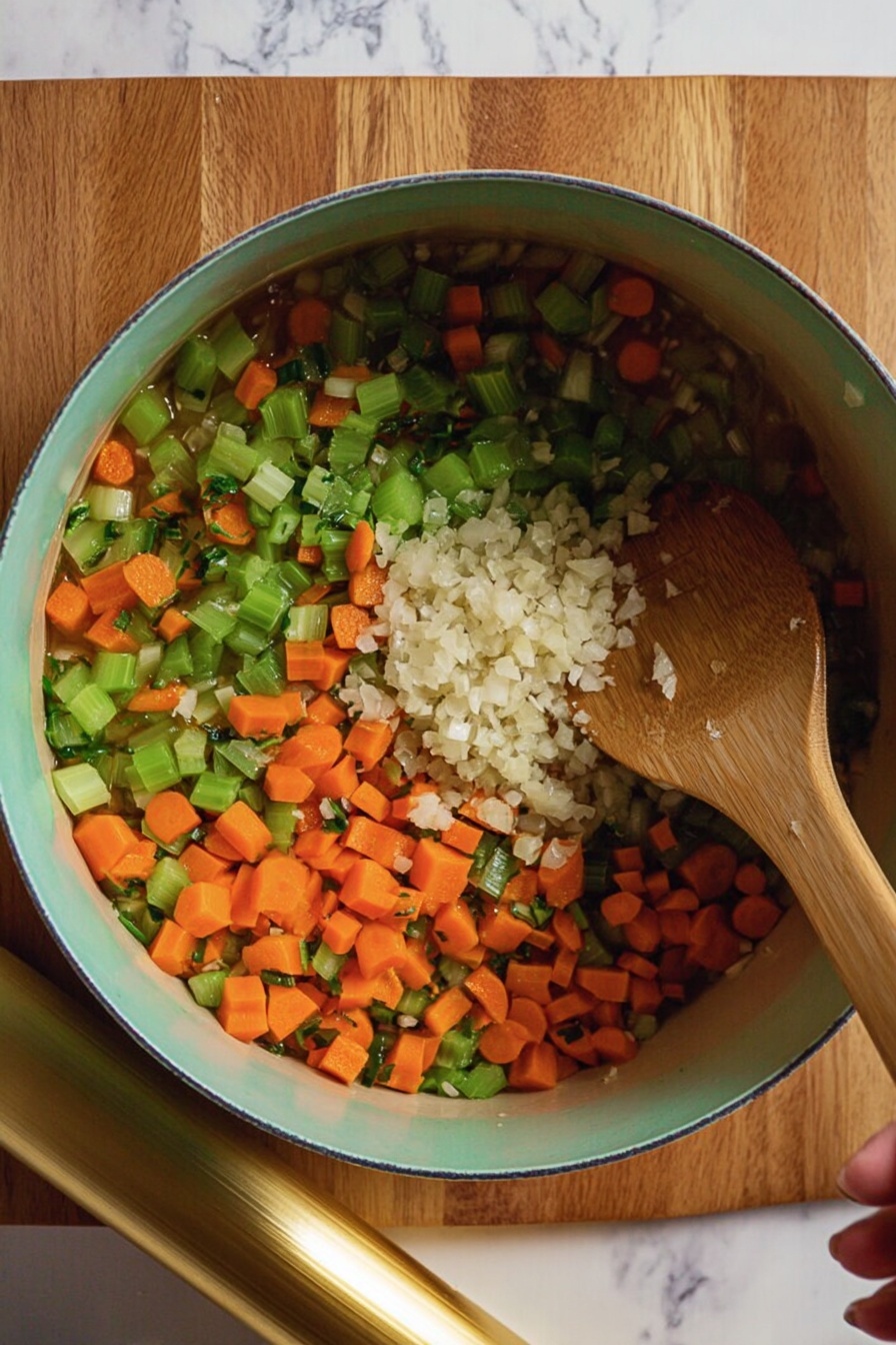A white bowl filled with a thick stew that has four main layers visible: large chunks of dark brown beef, small round creamy-beige barley grains, bright orange baby carrots, and small bits of green herbs and celery scattered throughout. The stew liquid is light brown and glossy, coating all the ingredients and giving a slightly shiny texture. On top of the dish, there is one small bunch of fresh green thyme placed diagonally. A silver spoon is partly submerged on the right side of the bowl. The bowl sits on a white marbled surface. photo taken with an iphone --ar 2:3 --v 7