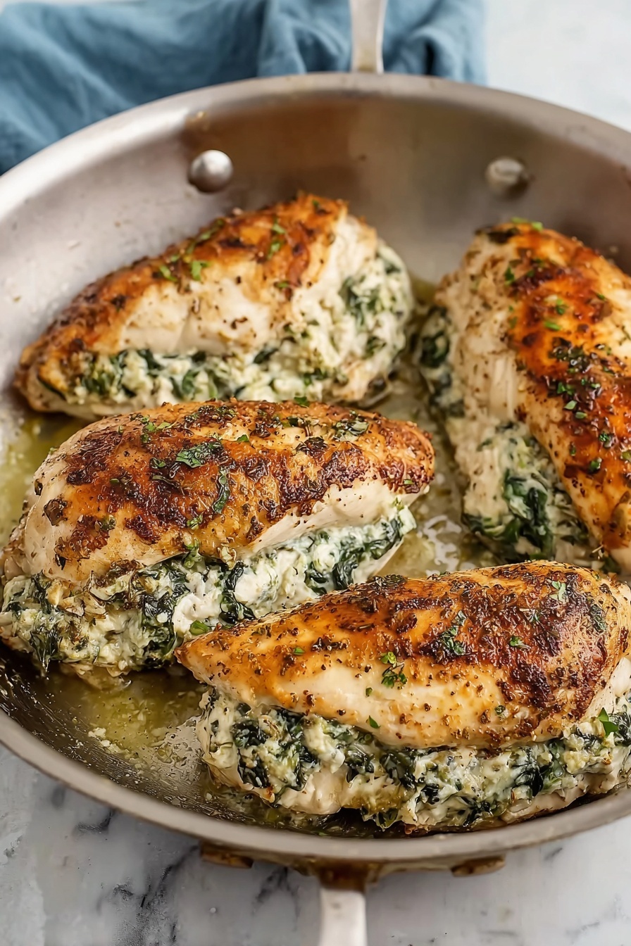 The image shows four cooked chicken breasts in a silver pan, each stuffed with a white and green mixture that looks creamy with herbs and spinach. The chicken has a nicely browned, slightly crispy outer layer with some spices visible on top. The filling is thick and packed inside the middle of each chicken piece, showing bits of greens and a soft texture. The pan has a shiny metallic look, and a soft blue cloth is blurred in the background, all placed on a white marbled surface. photo taken with an iphone --ar 2:3 --v 7