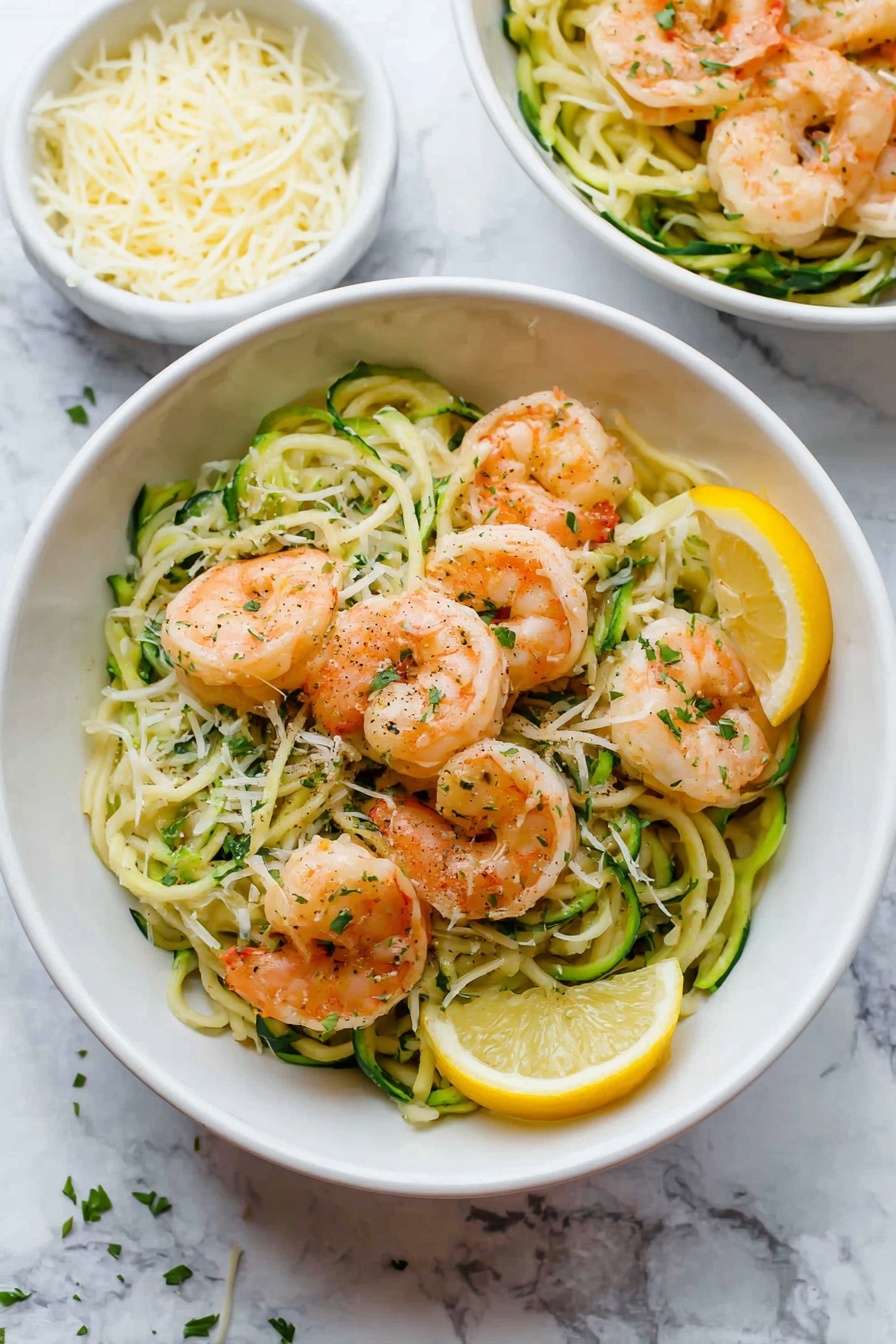 A bowl of zucchini noodles forms the base layer, showing light green spirals with a smooth texture. On top are several plump, pink-orange cooked shrimp evenly placed around the bowl. Thin, white shreds of cheese are scattered lightly over the shrimp and noodles, adding texture. Small green parsley bits are spread across the dish for a fresh look. Two lemon wedges with a bright yellow color rest on the edge of the white bowl. In the background, there is a smaller white bowl filled with more shredded cheese on a white marbled surface. Photo taken with an iphone --ar 2:3 --v 7