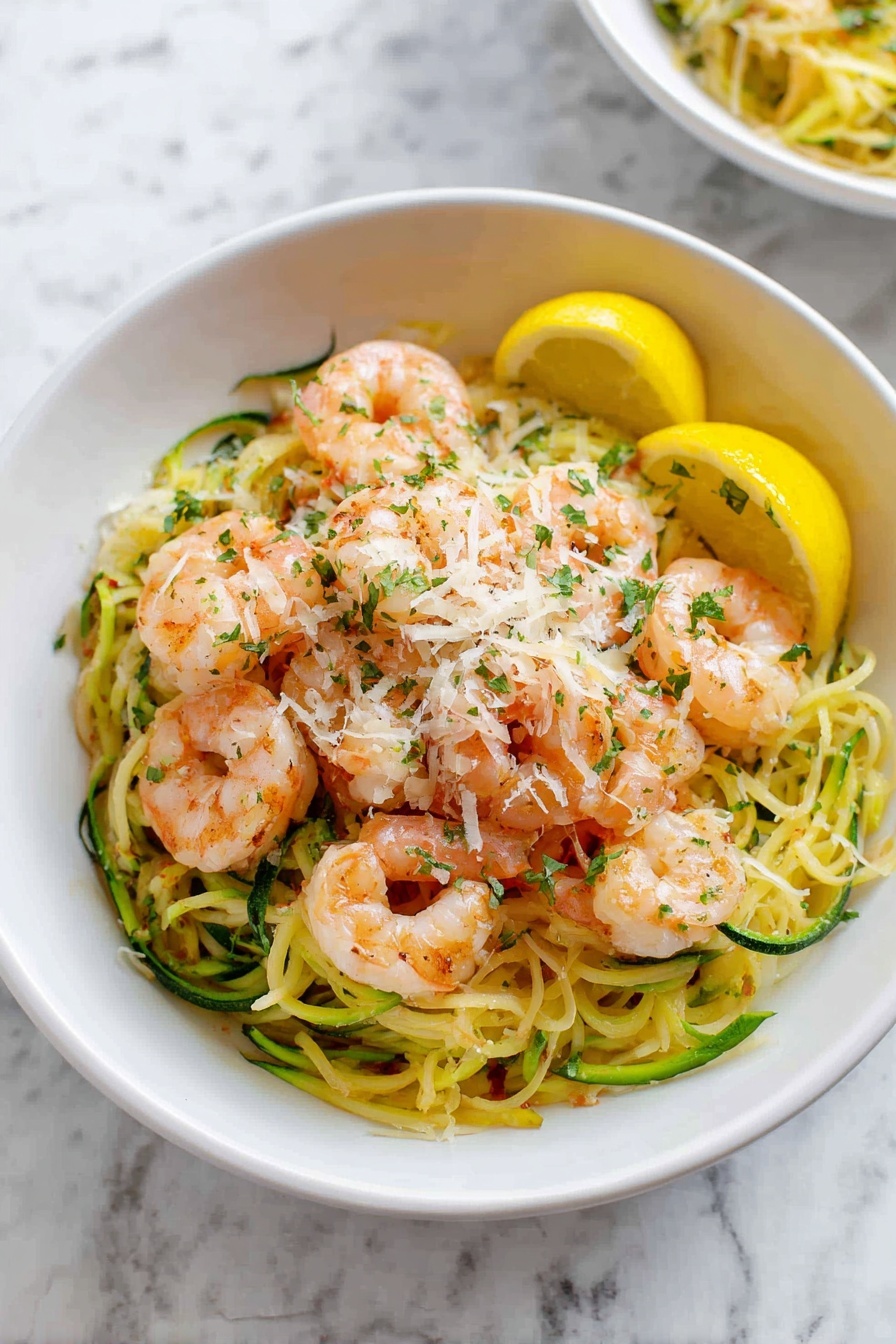 A white bowl filled with three main layers: the bottom layer has yellow spaghetti noodles mixed with green zucchini noodles, the middle layer shows light pink cooked shrimp arranged evenly on top, and the top layer is sprinkled with white grated cheese and small green parsley pieces. On the side inside the bowl, there are two yellow lemon wedges. The bowl sits on a white marbled surface. Photo taken with an iphone --ar 2:3 --v 7