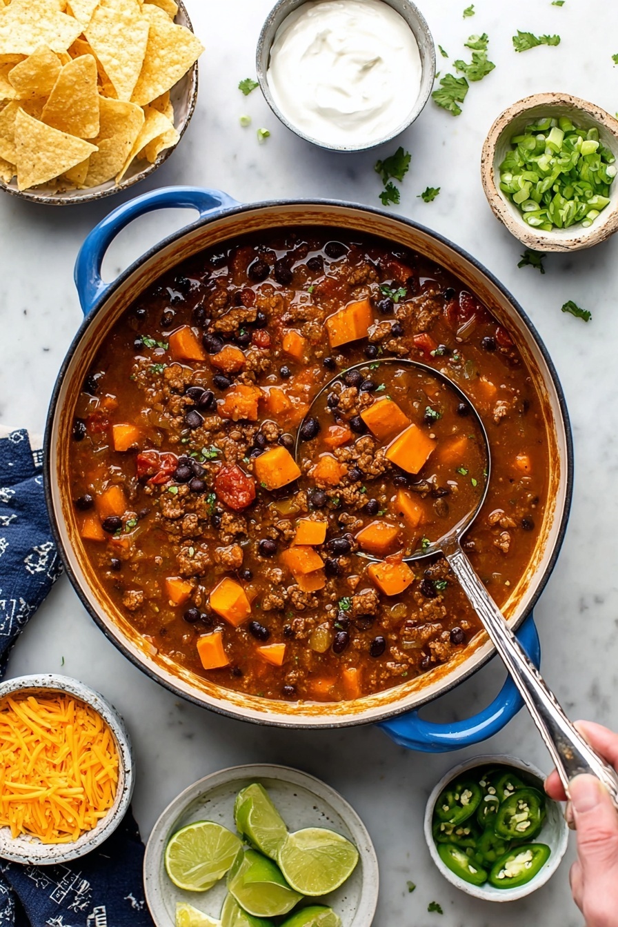 A large blue pot filled with a chunky stew made of brown ground meat, orange cubes of sweet potato, dark black beans, and pieces of tomato in a thick brownish-red broth. A metal ladle rests inside the pot, partially submerged in the stew. Around the pot, on a white marbled surface, there are small white bowls containing white sour cream, orange shredded cheese, chopped green herbs, and sliced green jalapeño peppers. A white plate with lime wedges and a small white bowl with sliced green onions sit nearby along with a rustic bowl holding some tortilla chips. Woman's hand is holding the ladle from the pot. photo taken with an iphone --ar 2:3 --v 7