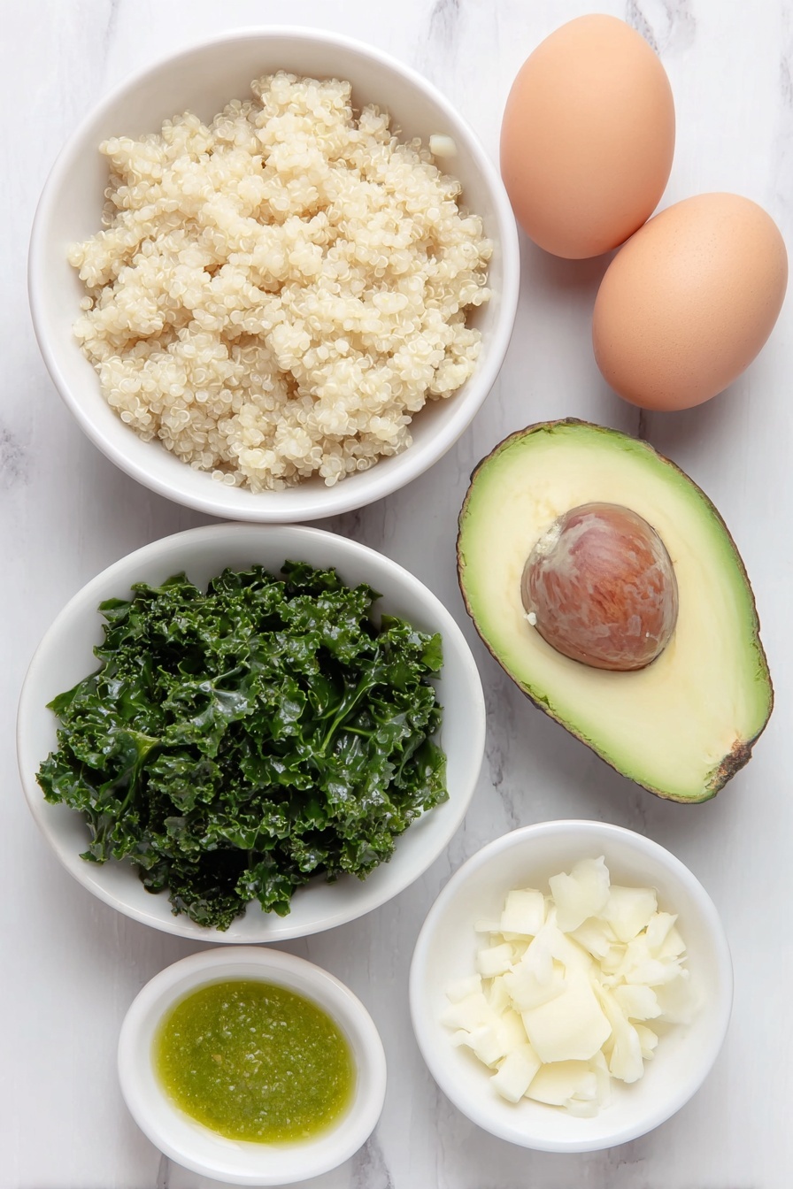 Flat lay of a small white ceramic bowl of cooked fluffy quinoa, a small white ceramic bowl of finely chopped dark green sautéed kale, a half ripe avocado with bright green flesh, four whole clean brown eggs with uncracked shells, a small white ceramic bowl of vibrant green dairy free pesto, a small white ceramic bowl of golden olive oil, and a small white ceramic bowl of minced fresh garlic, placed on a clean white marble surface, soft natural light, photo taken with an iPhone, professional food photography style, fresh ingredients, white ceramic bowls, no bottles, no duplicates, no utensils, no packaging --ar 2:3 --v 7 --p m7354615311229779997
