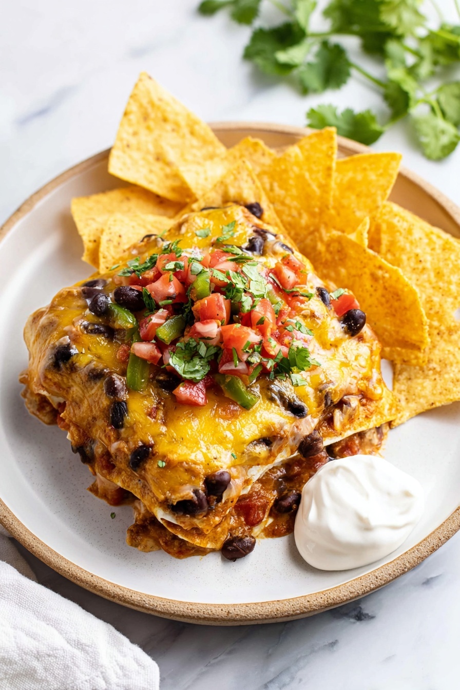 The image shows two parts side by side on a white marbled surface. On the left, a black pan filled with shredded white chicken pieces mixed with black beans, light yellow sauce, and tiny green herb pieces, with the chicken strips and beans spread evenly. On the right, a white baking dish with flat round white tortillas neatly arranged and partially overlapping, forming two full layers. photo taken with an iphone --ar 2:3 --v 7