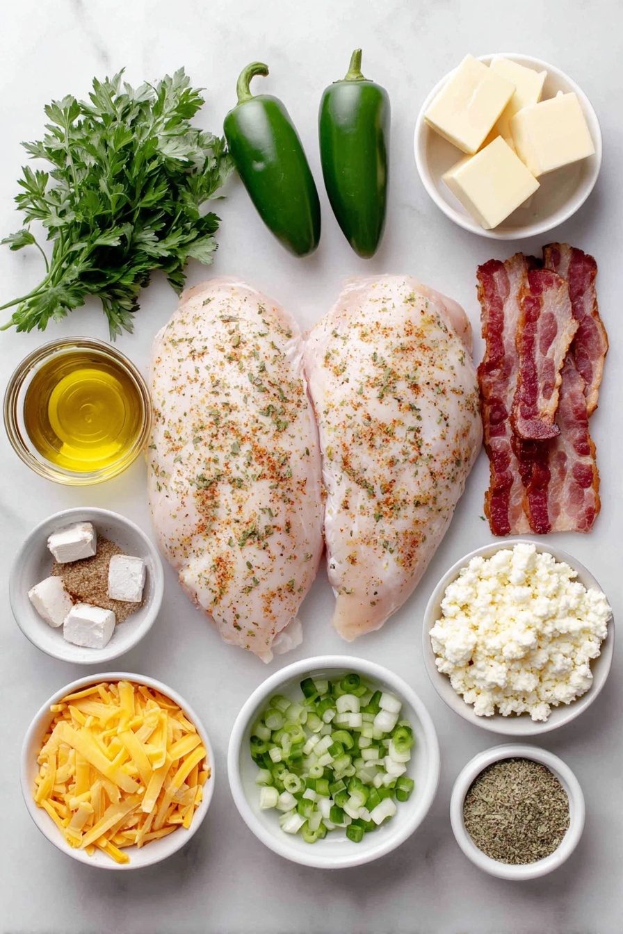 Flat lay of two large raw boneless skinless chicken breasts seasoned with paprika and pepper, three whole fresh jalapeños, three whole garlic cloves, a small pile of diced jalapeños, a few sprigs of fresh parsley, a small mound of dried oregano powder, mustard powder, onion powder, and garlic powder arranged neatly in small piles, a few whole green onions freshly sliced on one end, five strips of cooked crispy bacon roughly chopped, a small white ceramic bowl with olive oil, a small white ceramic bowl with melted butter, a small white ceramic bowl filled with fresh chicken broth, a small white ceramic bowl containing sour cream, a small white ceramic bowl with hot sauce, a small white ceramic bowl with crumbled chicken bouillon cube, a small white ceramic bowl holding flour, cubes of soft cream cheese, and a small pile of shredded sharp cheddar cheese, all placed on a clean white marble surface, soft natural light, photo taken with an iPhone, professional food photography style, fresh ingredients, white ceramic bowls, no bottles, no duplicates, no utensils, no packaging --ar 2:3 --v 7 --p m7354615311229779997