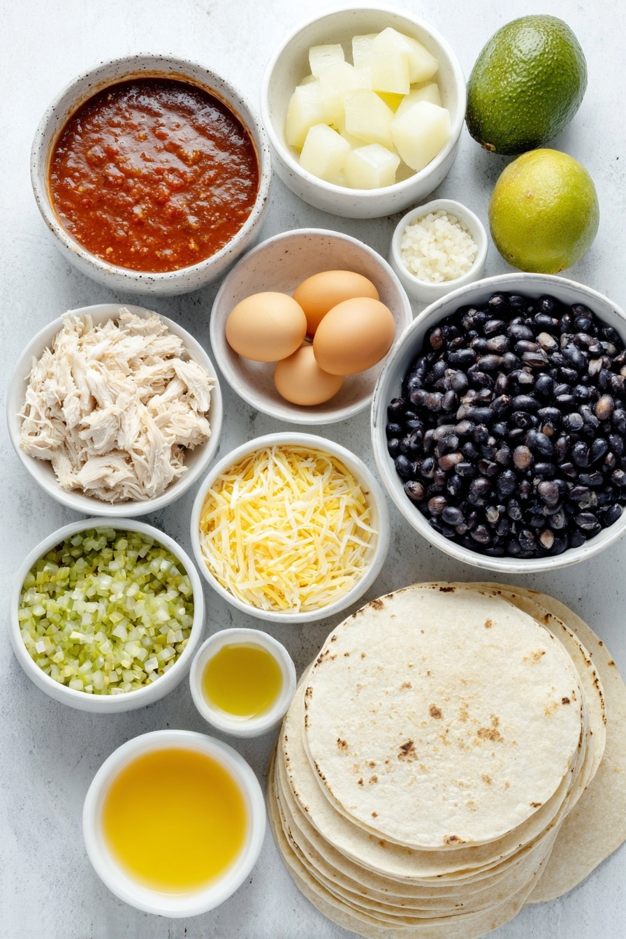 Flat lay of a small white ceramic bowl of red enchilada sauce, a small white ceramic bowl of finely chopped fresh cilantro, a small white ceramic bowl of golden avocado oil, a small white ceramic bowl of honey, a small white ceramic bowl of bright lime juice, a small white ceramic bowl of diced green chiles with juices, a small white ceramic bowl of hot sauce, a small white ceramic bowl of minced fresh garlic cloves, a pile of diced yellow onion half beside three whole uncracked brown eggs, a neat stack of corn tortillas cut in halves showing their soft texture, a small white ceramic bowl of cooked black beans, a mound of shredded Mexican cheese blend with white, yellow, and pale orange shreds, and a portion of shredded cooked chicken breast arranged symmetrically, all placed on a clean white marble surface, soft natural light, photo taken with an iPhone, professional food photography style, fresh ingredients, white ceramic bowls, no bottles, no duplicates, no utensils, no packaging --ar 2:3 --v 7 --p m7354615311229779997