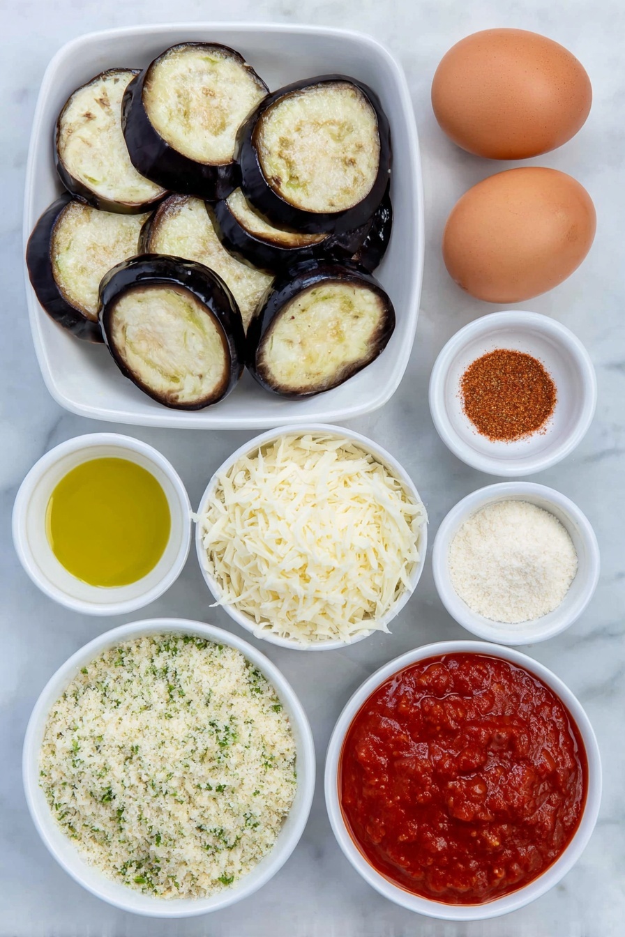 Flat lay of two small glossy purple eggplants sliced into thick rounds, a small mound of pale all-purpose flour in a simple white ceramic bowl sprinkled lightly with paprika and onion powder, three whole large brown eggs with clean shells arranged neatly, a small white bowl with golden vegetable oil, a simple white bowl filled with coarse light tan Panko breadcrumbs mixed with grated pale yellow parmesan cheese and chopped fresh green parsley, a small white bowl of bright red marinara sauce with visible herb flecks, a small white bowl heaped with shredded white mozzarella cheese, and a small white bowl of finely grated pale parmesan cheese, all placed on a clean white marble surface, soft natural light, photo taken with an iPhone, professional food photography style, fresh ingredients, white ceramic bowls, no bottles, no duplicates, no utensils, no packaging --ar 2:3 --v 7 --p m7354615311229779997