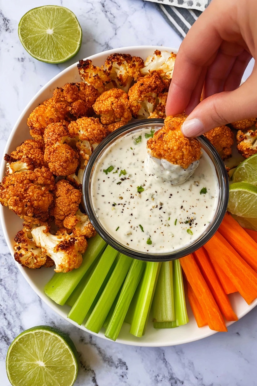 A white plate holds a circular arrangement with four main parts: crispy, golden-brown cauliflower pieces with a rough, crunchy texture at the bottom and top right; bright green celery sticks on the left side with smooth, shiny surfaces; bright orange carrot sticks on the right side with a slightly matte texture; and a glass bowl in the center filled with thick, creamy white dip sprinkled with small black herb bits. A woman's hand is dipping one cauliflower piece into the creamy sauce. Two lime wedges with light green skin and juicy texture sit on the white marbled surface near the plate. photo taken with an iphone --ar 2:3 --v 7