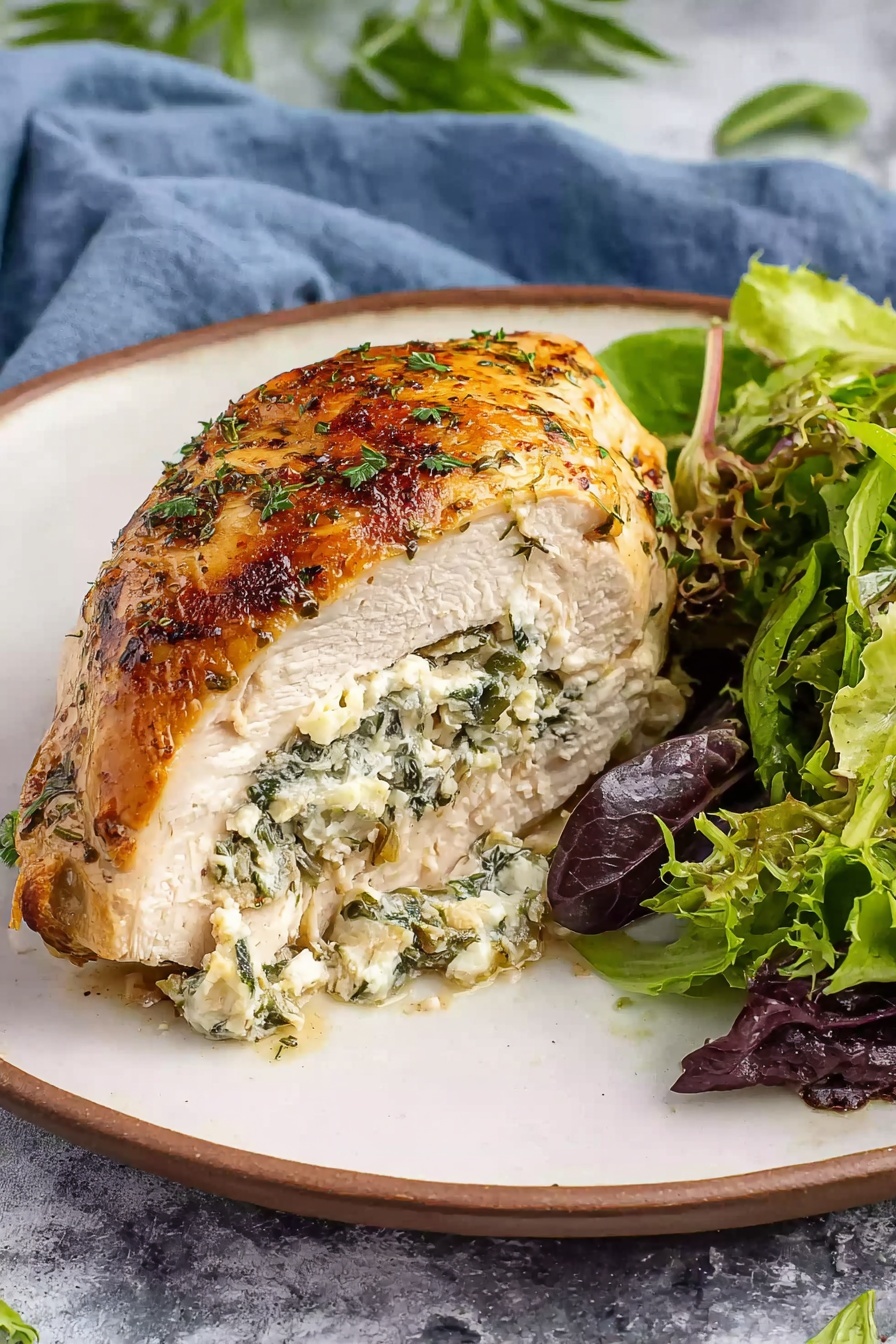 A white plate holds a piece of cooked chicken stuffed with a creamy filling made of white cheese and green herbs, creating two layers: the golden brown chicken on top and the creamy, textured filling inside. To the right side of the plate, there is a fresh mixed green salad with light and dark green leaves along with some purple leaves, all resting on a white marbled surface with a blue cloth in the background. photo taken with an iphone --ar 2:3 --v 7