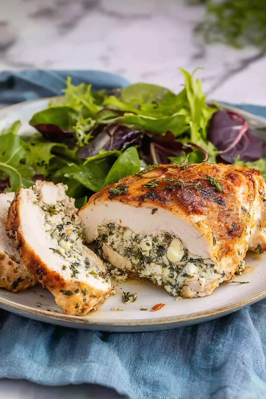 A white plate holds a sliced stuffed chicken breast with a crispy, golden-brown outer layer, showing a creamy white filling mixed with green herbs inside. Behind the chicken is a fresh salad made of green and purple leafy vegetables, giving a mix of bright and dark green colors. The plate is set on a soft blue cloth on a white marbled surface. photo taken with an iphone --ar 2:3 --v 7
