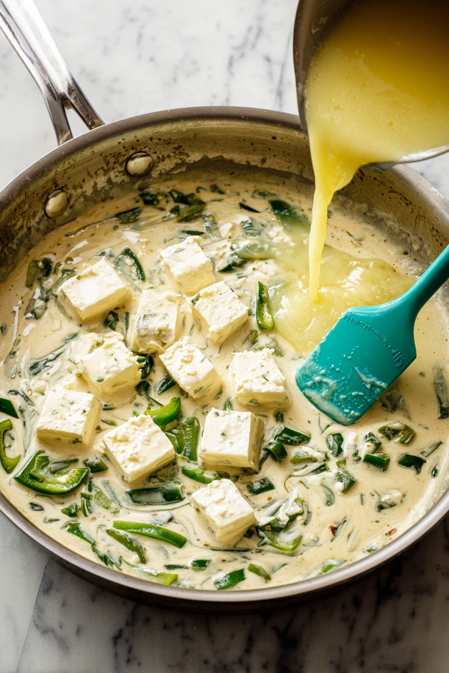 The image shows a white round plate with two main parts: on the left side, there is a browned piece of chicken covered with a creamy, light yellow sauce that has small green and red bits, topped with small pieces of crispy bacon and green onion slices; on the right side, there is a serving of white rice mixed with small green herbs, with a silver fork resting in the rice. The plate is set on a white marbled surface with a white cloth beside it and two green jalapeños near the top left corner. Photo taken with an iphone --ar 2:3 --v 7