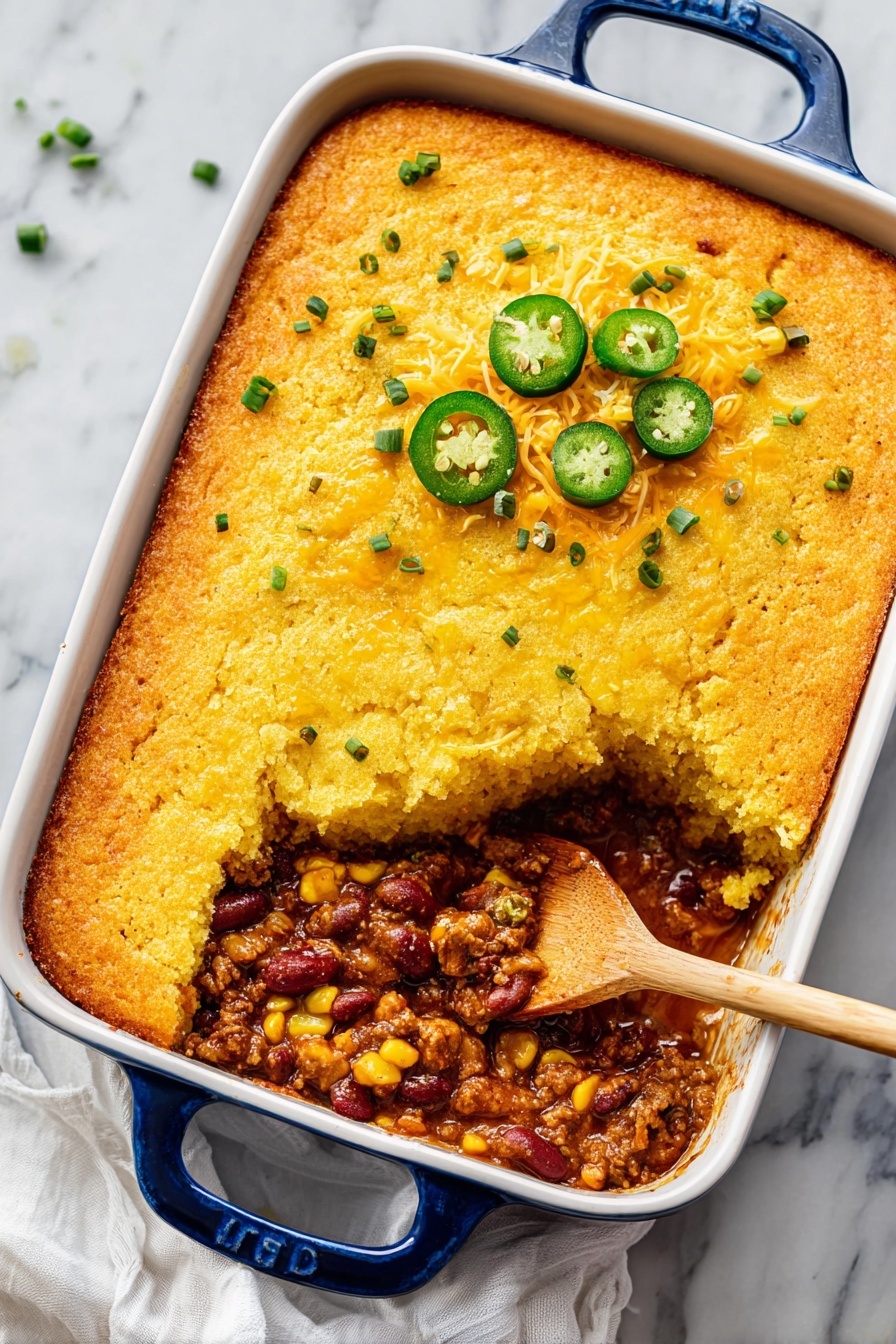 The image shows a white rectangular baking dish with blue handles filled with a two-layered dish. The bottom layer is a chunky chili mixture with visible pieces of ground meat, corn, kidney beans, and diced green peppers in a rich reddish-brown sauce. The top layer is golden-yellow cornbread with a slightly cracked and crispy surface. A wooden spoon scoops out part of the cornbread to reveal the chili underneath. The cornbread is garnished with sprinkled shredded yellow cheese, sliced green jalapeños, and chopped green chives. The dish sits on a white marbled surface with a white cloth nearby. photo taken with an iphone --ar 2:3 --v 7