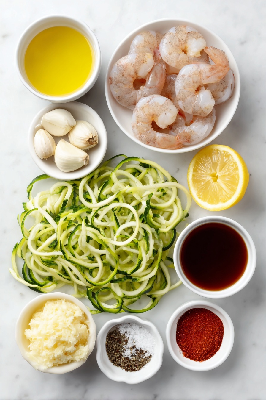 Flat lay of fresh large pink shrimp, three spiralized green zucchini noodles arranged in a loose bundle, three whole uncracked garlic cloves, a small white ceramic bowl of golden melted butter, a small white ceramic bowl with crushed red pepper flakes, a small white ceramic bowl containing a pale yellow lemon juice, one whole lemon cut in half showing bright yellow flesh, a small white ceramic bowl of clear vegetable broth, a small white ceramic bowl of deep red wine vinegar, a small white ceramic bowl of reddish paprika powder, a small white ceramic bowl with coarse white salt, a small white ceramic bowl with ground black pepper, and a small white ceramic bowl filled with grated Parmesan cheese, all arranged in perfect symmetry placed on a clean white marble surface, soft natural light, photo taken with an iPhone, professional food photography style, fresh ingredients, white ceramic bowls, no bottles, no duplicates, no utensils, no packaging --ar 2:3 --v 7 --p m7354615311229779997