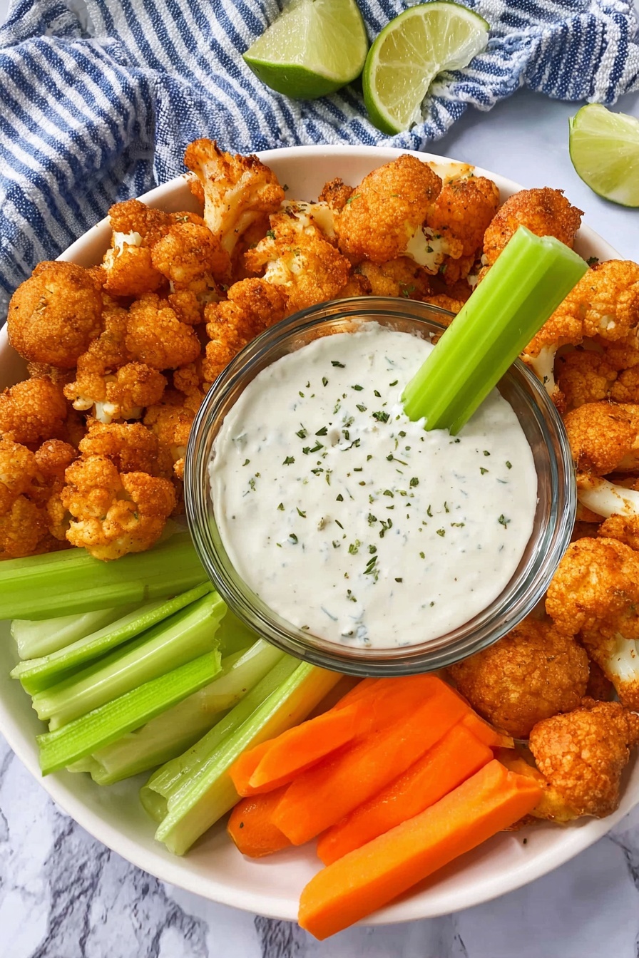 A white plate sits on a white marbled surface, filled with golden-brown crispy cauliflower pieces arranged around a clear glass bowl of creamy white dip with small green herb sprinkles on top. On the left side of the plate, bright green celery sticks lean against the bowl, with one celery stick dipped into the smooth dip. On the right side, vibrant orange carrot sticks are neatly placed next to the cauliflower. The background shows a blue and white striped cloth and a few lime wedges in soft focus. Photo taken with an iphone --ar 2:3 --v 7