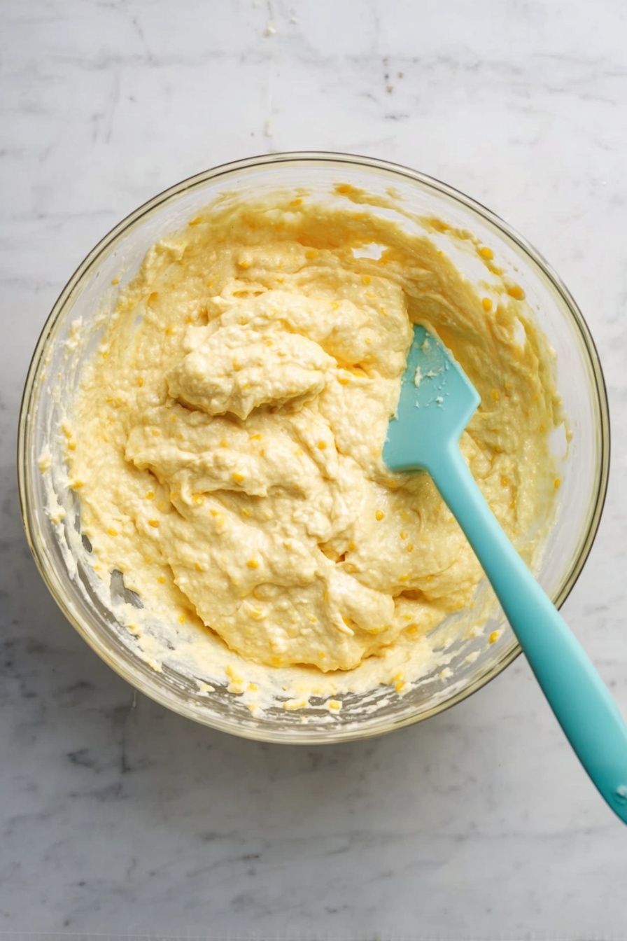 A white bowl with three main layers is shown. The bottom layer is a chunky chili with dark red kidney beans, ground meat, diced green bell peppers, and onions in a rich, dark reddish-brown sauce. Above half the chili is a sunny yellow cornbread layer, slightly crumbly with a rough texture and topped with small green chive pieces scattered around. Next to the cornbread is a small pile of shredded bright orange cheddar cheese on the chili. A silver spoon rests inside the bowl, partly submerged in chili. The bowl sits on a white marbled surface with some green jalapeño slices nearby. Photo taken with an iphone --ar 2:3 --v 7