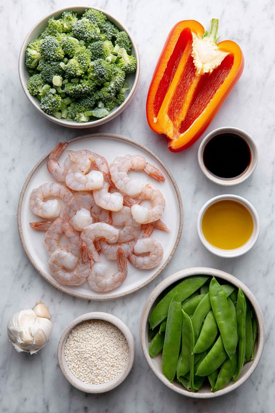 Flat lay of raw peeled and deveined shrimp, a small white bowl of olive oil, a white ceramic plate with chopped broccoli florets, two whole bell peppers sliced lengthwise showing vibrant red and yellow colors, a white bowl filled with fresh snow peas, a small white dish containing peeled garlic cloves, a small white bowl of dark soy sauce, a small white bowl of golden honey, a small white bowl of fine white cornstarch, fresh green onions with long stalks, all ingredients arranged symmetrically and naturally fresh, placed on a clean white marble surface, soft natural light, photo taken with an iPhone, professional food photography style, fresh ingredients, white ceramic bowls, no bottles, no duplicates, no utensils, no packaging --ar 2:3 --v 7 --p m7354615311229779997