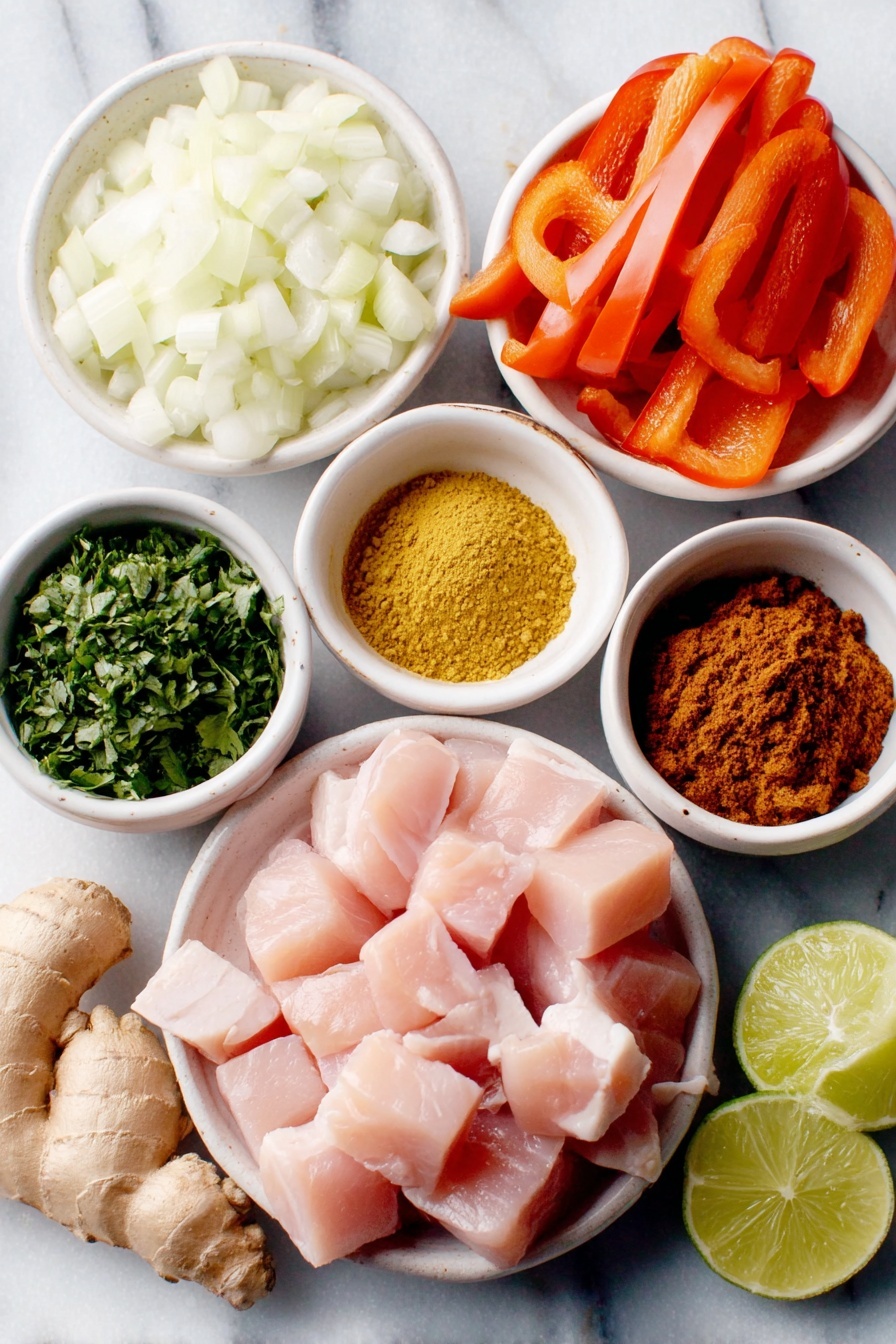Flat lay of a small white ceramic bowl of golden coconut oil, a half medium yellow onion diced, three whole cloves of garlic, a small pile of finely minced fresh ginger root, a small white bowl with bright yellow curry powder, a small white bowl with deep red curry paste, a small white bowl of ground coriander, a large fresh red bell pepper sliced into strips, raw bite-sized pieces of boneless, skinless chicken breast, a whole bright green lime cut in half, a small white bowl of brown sugar, a small white bowl of creamy full-fat coconut milk, a small white bowl of fresh chopped cilantro and basil mix, and a small white bowl of chopped peanuts arranged symmetrically and balanced, placed on a clean white marble surface, soft natural light, photo taken with an iPhone, professional food photography style, fresh ingredients, white ceramic bowls, no bottles, no duplicates, no utensils, no packaging --ar 2:3 --v 7 --p m7354615311229779997