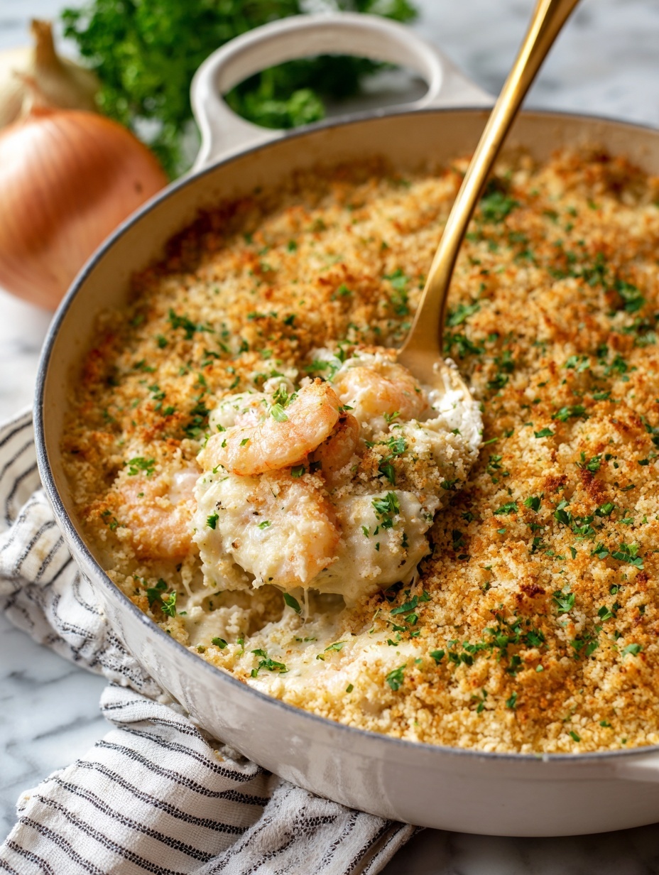 A white pan filled with a creamy, light beige dish topped with a layer of golden brown breadcrumbs. The breadcrumb layer is sprinkled with small green parsley leaves. A silver spoon is scooping some of the creamy mixture that shows shrimp pieces inside. The pan is placed on a dark wooden surface with an onion, a green vegetable, and a striped cloth in the blurred background. The surface beneath all is a white marbled texture. Photo taken with an iphone --ar 2:3 --v 7