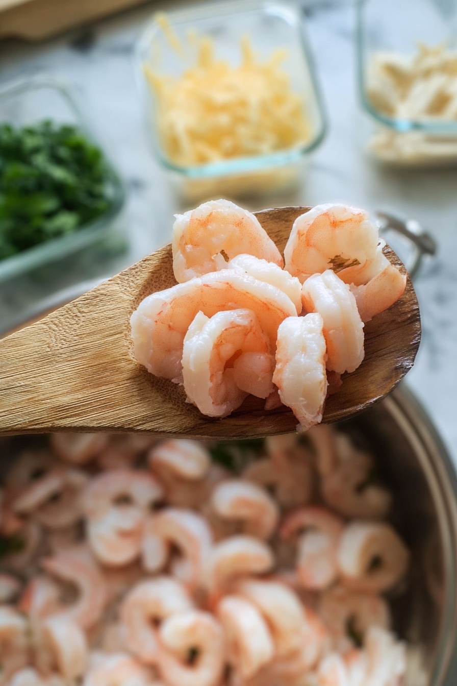 A white bowl with a dark rim holds a creamy shrimp dish with three main layers. The bottom layer is light brown, crumbly texture. On top of this is a creamy, light sauce mixed with small pieces of green peppers and onions. The top layer has several light pink cooked shrimp arranged evenly, sprinkled with bright green parsley leaves. A spoon rests inside the bowl, positioned on the right side. The scene is set on a dark wooden table with a white marbled textured background, with some whole onions, a green pepper, parsley, and a striped cloth visible in the background. Photo taken with an iphone --ar 2:3 --v 7