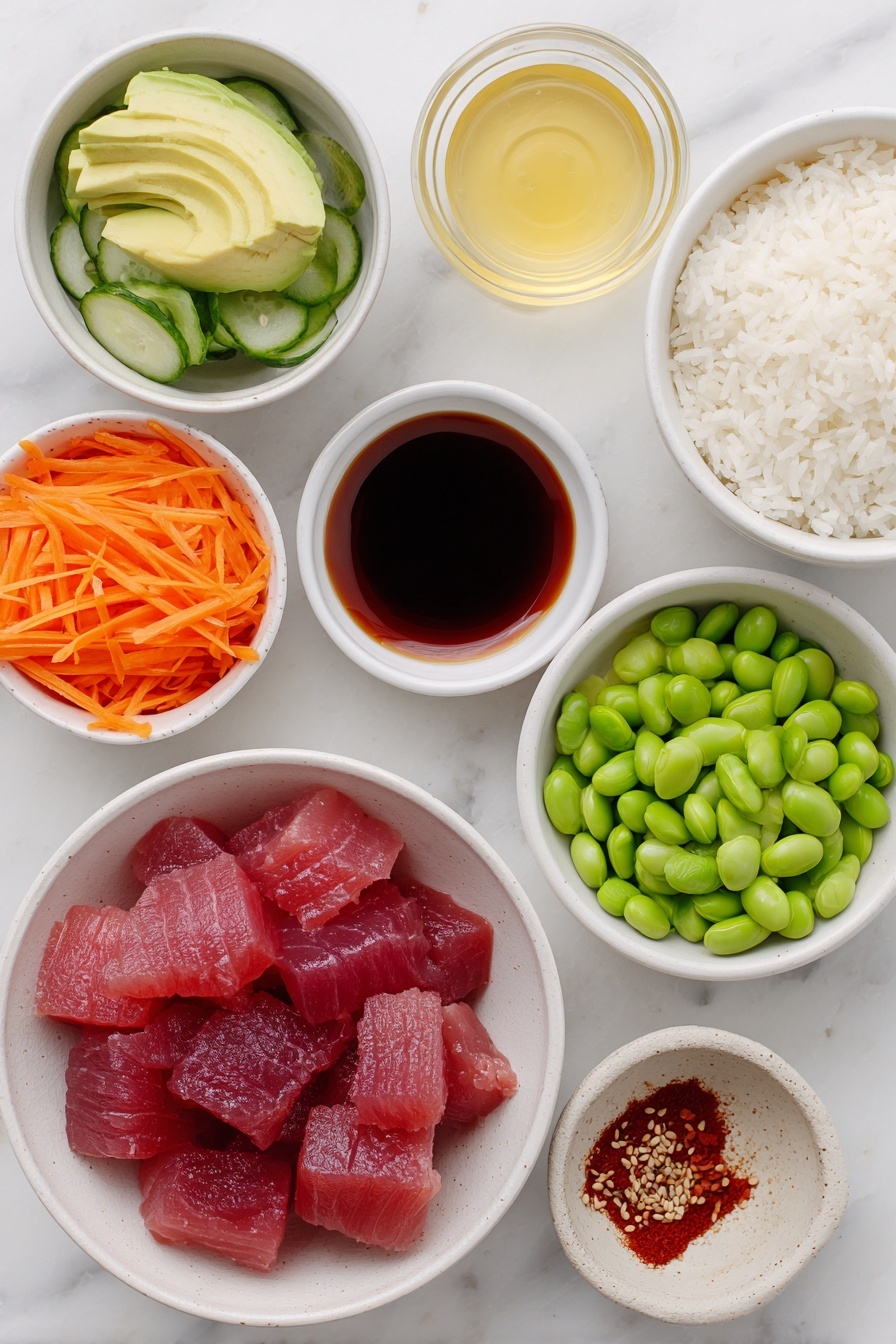 Flat lay of a small bowl of glossy cooked sushi rice, a small white ceramic bowl of clear rice vinegar, a small white ceramic bowl of light and dark soy sauce mixed together, a small white ceramic bowl with toasted sesame oil, a small white ceramic bowl with amber mirin, a small white ceramic bowl with bright red chili paste, a small white ceramic bowl of freshly grated pale ginger, neatly diced deep red sashimi grade tuna, one small carrot finely julienned, one fresh cucumber peeled and finely diced, one small ripe avocado cut into eight smooth wedges, six vibrant red radishes thinly sliced, a small pile of bright green shelled edamame beans, one green onion finely sliced on the diagonal, a small pinch of black sesame seeds scattered, placed on a clean white marble surface, soft natural light, photo taken with an iPhone, professional food photography style, fresh ingredients, white ceramic bowls, no bottles, no duplicates, no utensils, no packaging --ar 2:3 --v 7 --p m7354615311229779997