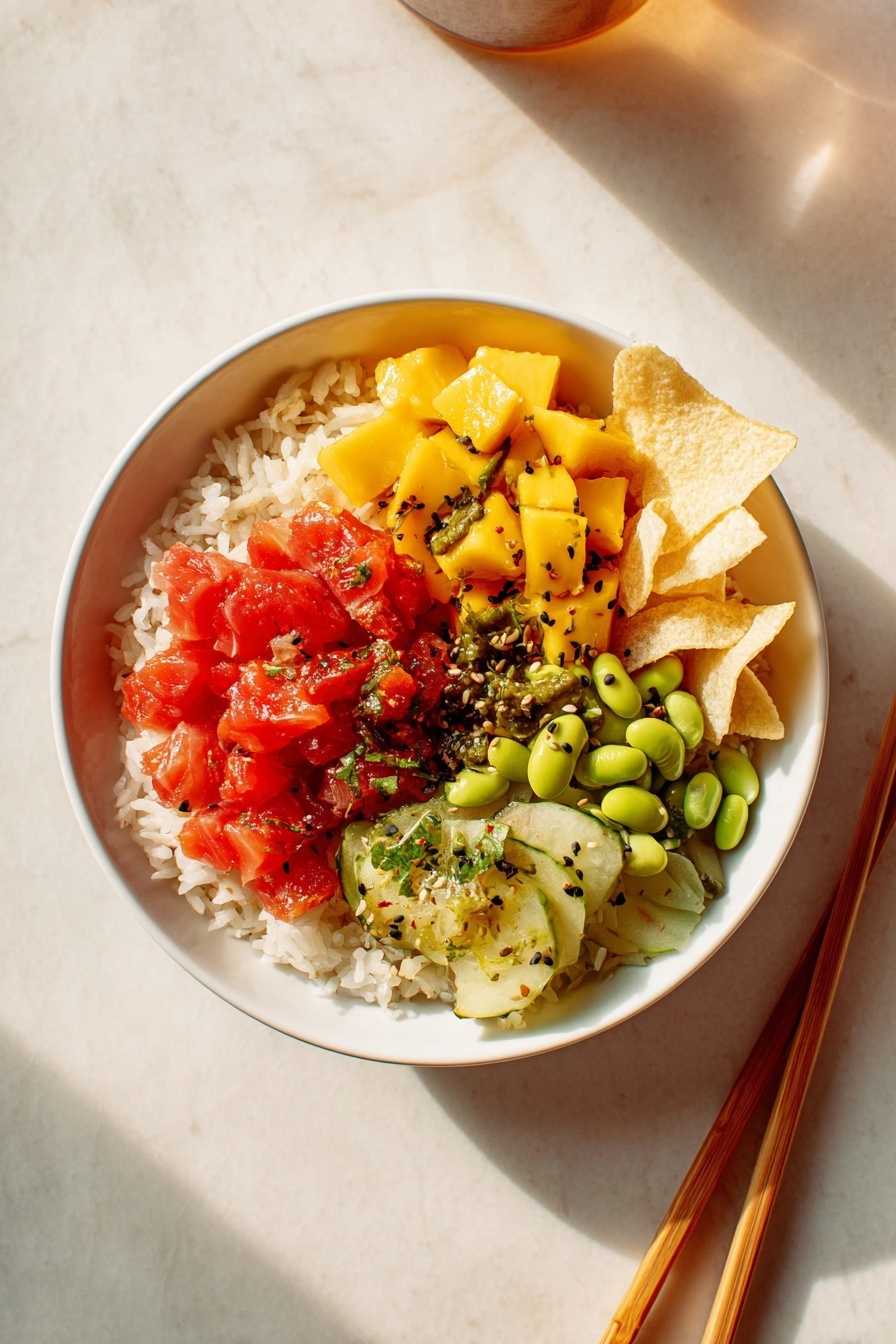 A clear glass bowl holds bright pink cubes of raw fish mixed with thin, vibrant green slices of scallion, evenly spread throughout the bowl. The fish pieces have a shiny, fresh texture with a slight gloss from a dark red sauce coating some parts. A silver fork rests inside the bowl, partly submerged among the colorful ingredients. The bowl is placed on a white marbled surface with a strip of blue and white striped cloth nearby. Photo taken with an iphone --ar 2:3 --v 7
