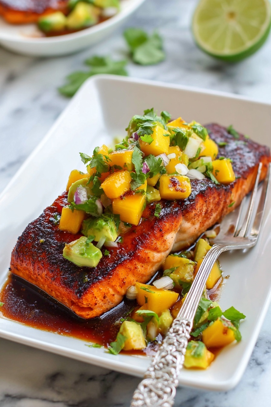 A clear glass bowl on a white marbled surface holds several thick pieces of fresh salmon with bright orange-pink flesh and smooth skin edges. A dark, glossy sauce with visible small bits is being poured over the salmon from a small glass container, covering the top layers with a thick, shiny coat. In the second image, a pair of silver tongs with black tips is mixing the salmon pieces in the sauce, showing the salmon fully covered and glistening evenly. photo taken with an iphone --ar 2:3 --v 7