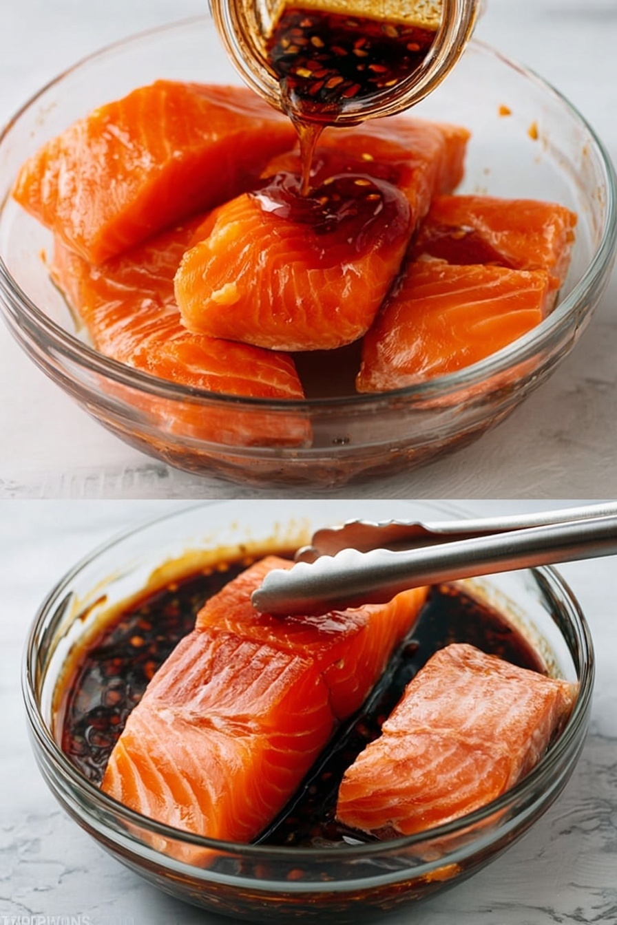 A white rectangular plate holds one thick, rectangular piece of grilled salmon with a slightly charred, dark brown crust on the edges and a rich orange interior. The salmon is topped with a bright, chunky mango salsa made of yellow mango cubes, green avocado pieces, small white onion bits, and fresh green cilantro leaves. The salsa also spills beside the salmon. The plate has a small pool of dark soy-like sauce beneath the salmon, creating a glossy effect. To the right of the salmon is a silver fork with a decorative handle resting inside the plate. The plate sits on a white marbled surface with a blurred lime half in the background. photo taken with an iphone --ar 2:3 --v 7