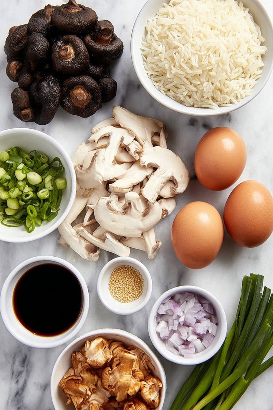 Flat lay of fresh whole shiitake mushrooms, a small pile of soaked and sliced shiitake mushrooms, two whole uncracked large brown eggs with clean shells, a mound of cooked long grain white jasmine rice, a small heap of sliced white button mushrooms, torn oyster mushrooms arranged naturally, a small pile of chopped red onion, scallions separated into white and green chopped parts, a small white ceramic bowl with light soy sauce, a small white ceramic bowl with hot water, a small white ceramic bowl with Shaoxing wine, a small white ceramic bowl with sesame oil, a small white ceramic bowl with salt, a small white ceramic bowl with sugar, a small white ceramic bowl with white pepper, a small white ceramic bowl with canola oil placed on a clean white marble surface, soft natural light, photo taken with an iPhone, professional food photography style, fresh ingredients, white ceramic bowls, no bottles, no duplicates, no utensils, no packaging --ar 2:3 --v 7 --p m7354615311229779997