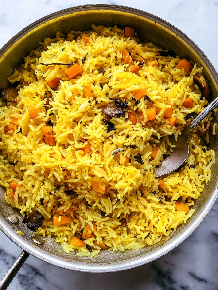 The image shows a metal pan filled with cooked yellow rice mixed with small pieces of orange carrot, brown mushrooms, and some dark green herbs or spices. The rice is fluffy and mixed well, covering almost the whole pan, with some grains scattered around the edges. A metal spoon is placed inside the pan on the right side, slightly covered with some of the yellow rice. The pan handle is visible at the bottom, resting on a white marbled surface. Photo taken with an iphone --ar 2:3 --v 7