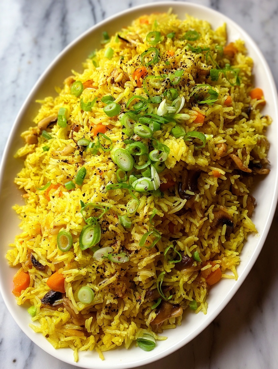 The image shows a white oval plate filled with yellow rice mixed with small pieces of vegetables, such as orange carrots and brown mushrooms, giving it a colorful look. The rice is topped with thinly sliced green onions and sprinkled with black pepper, adding texture and contrast to the bright yellow base. The dish looks fluffy and well mixed, with the ingredients spread evenly throughout the rice. The plate is placed on a surface with a white marbled texture. photo taken with an iphone --ar 2:3 --v 7