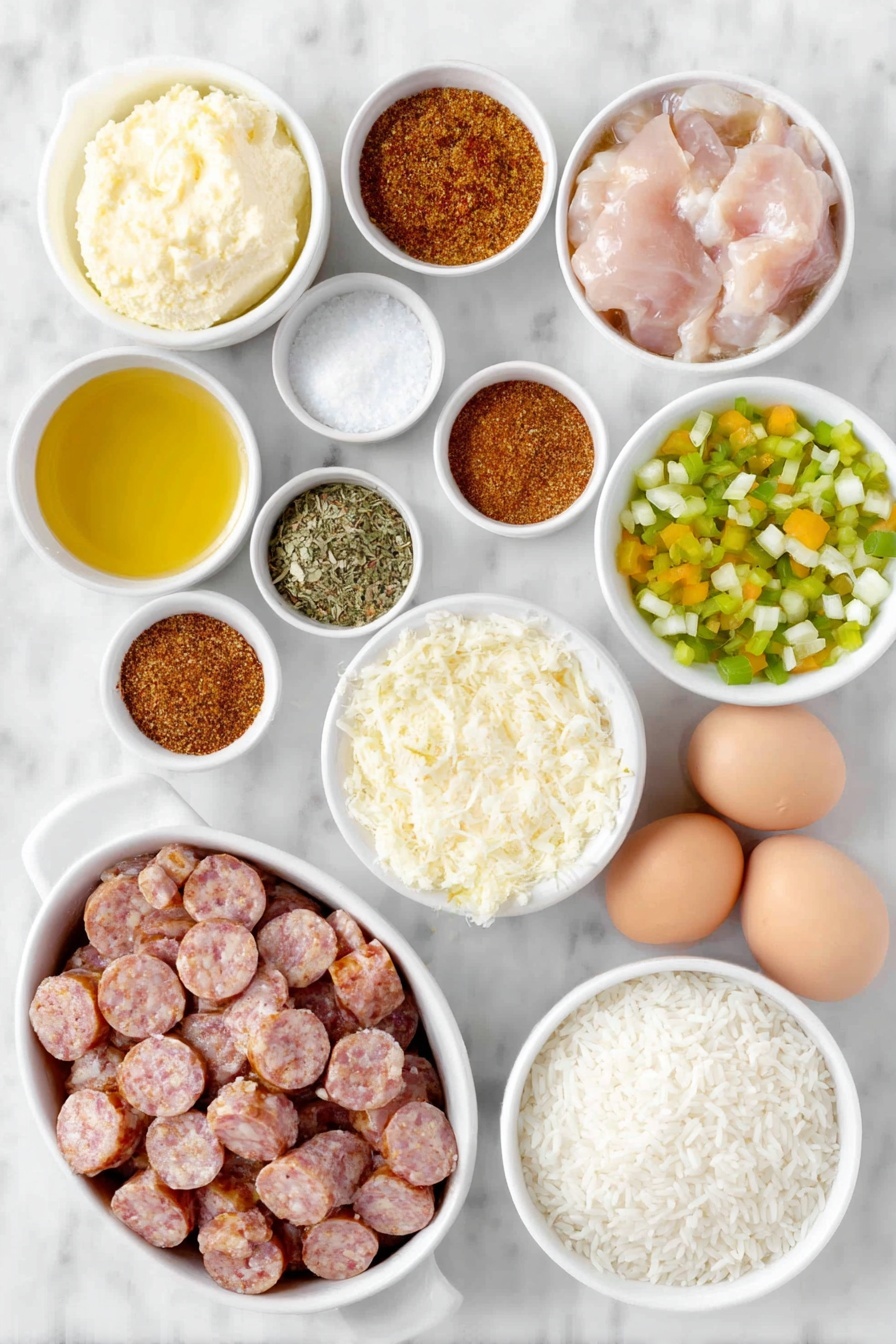 Flat lay of a small white ceramic bowl of golden vegetable oil, a pile of thick slices of fresh andouille sausage, bite-size pieces of raw boneless skinless chicken breast, a small white bowl of pale all-purpose flour, a pat of creamy butter, a whole yellow onion chopped into pieces, chopped green bell pepper, three chopped celery ribs, four chopped green onions, four cloves of peeled garlic finely minced, a small white bowl of dried basil leaves, a small white bowl of reddish Cajun seasoning powder, a small white bowl of coarse kosher salt, a small white bowl of freshly ground black pepper, a small white bowl of bright red cayenne pepper powder, a simple white ceramic bowl with diced fresh tomatoes, a small white bowl of light golden chicken broth, a mound of uncooked long-grain white rice, and two whole uncracked brown eggs placed symmetrically, all arranged in perfect balance on a clean white marble surface, soft natural light, photo taken with an iPhone, professional food photography style, fresh ingredients, white ceramic bowls, no bottles, no duplicates, no utensils, no packaging --ar 2:3 --v 7 --p m7354615311229779997