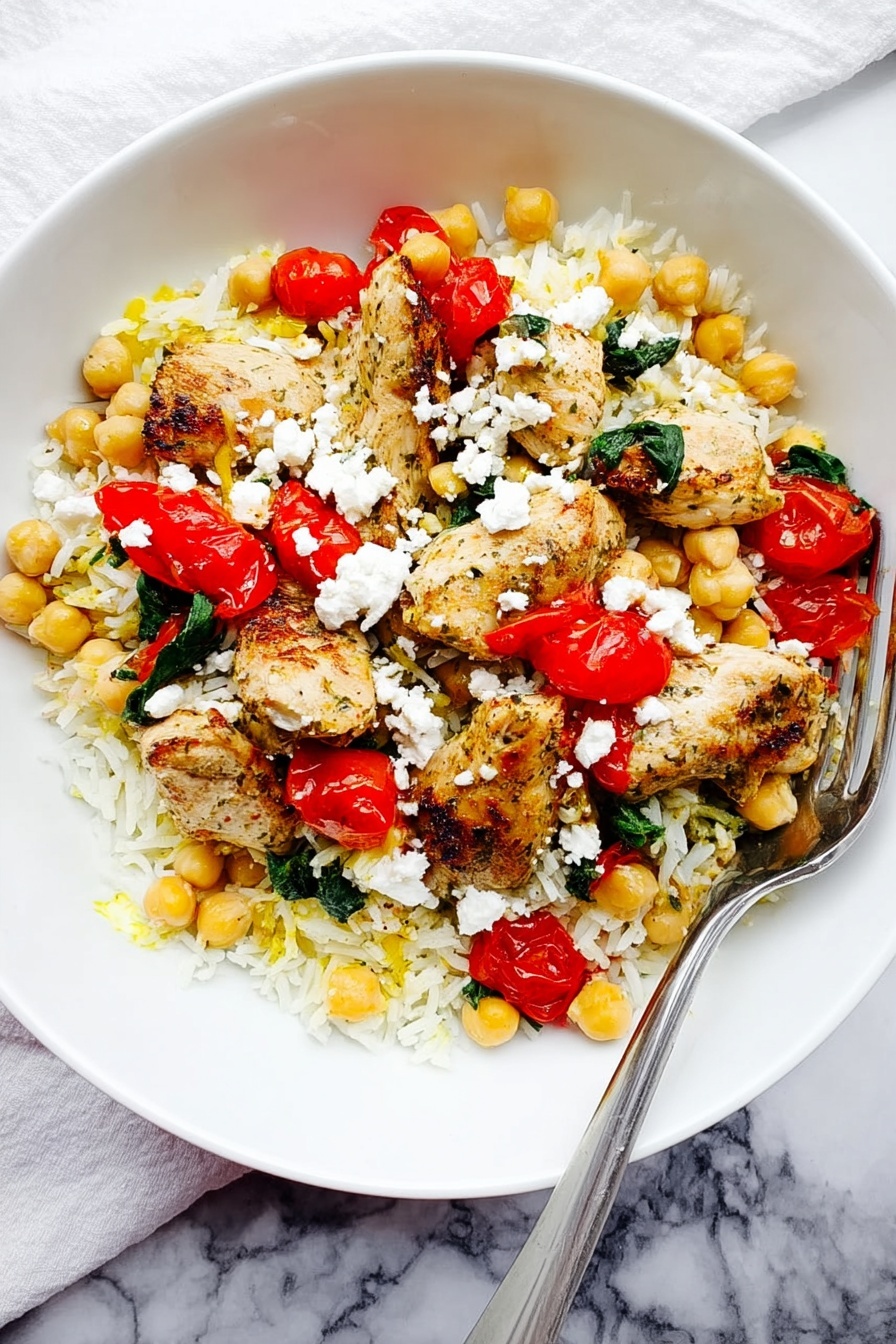 The dish is served in a white bowl on a white marbled surface with a silver fork resting on the right edge of the bowl. It has three main layers: the bottom layer is white rice mixed with light yellow chickpeas scattered evenly, the middle layer consists of pieces of cooked chicken with a light golden brown color and some small wilted green leaves, and the top layer is made of bright red cherry tomato halves and crumbled white cheese sprinkled over the whole dish. The overall look is colorful with reds, whites, yellows, and light greens, creating a fresh and inviting meal. Photo taken with an iphone --ar 2:3 --v 7